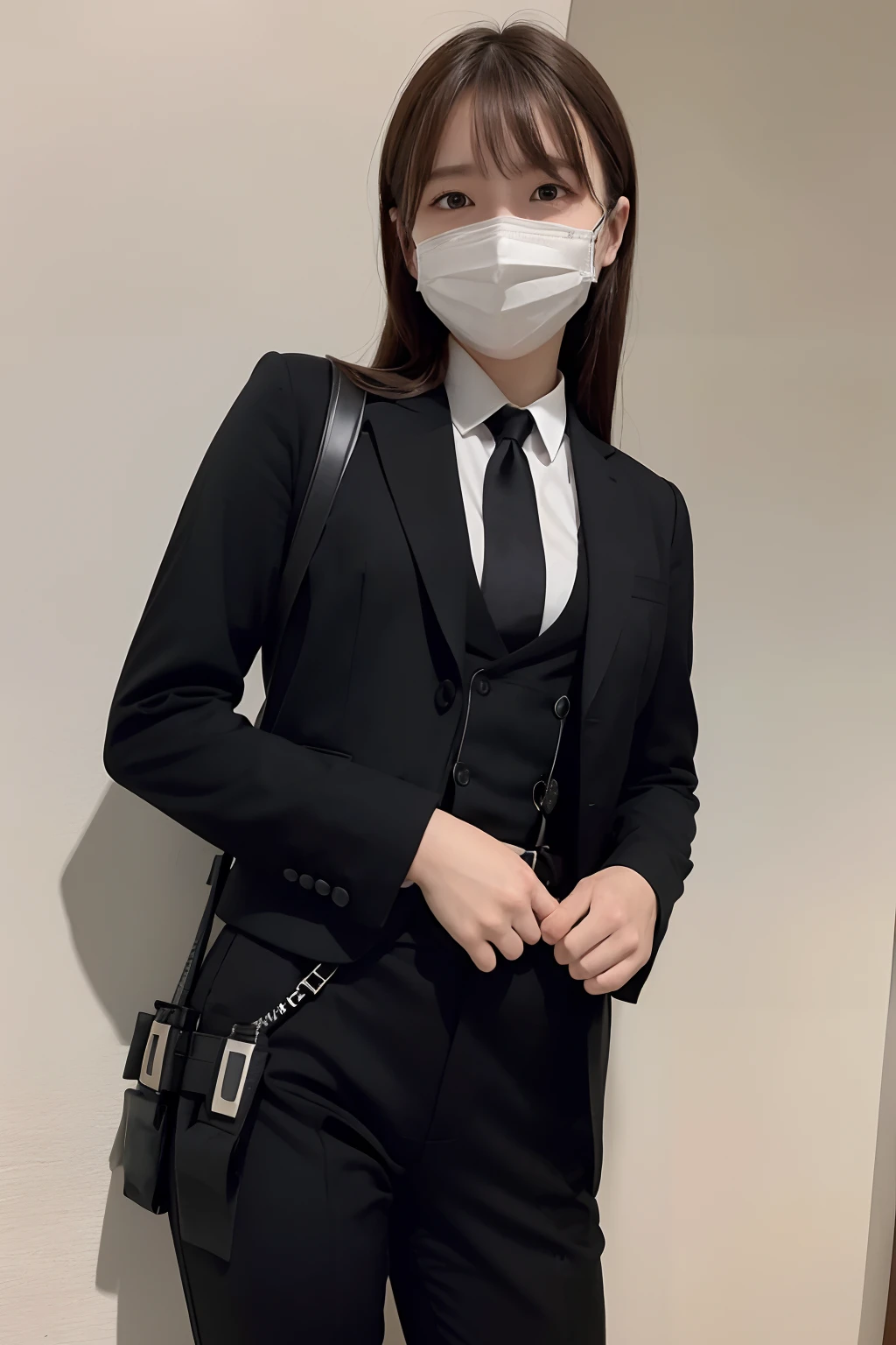 ​masterpiece、flat-colors、depth of fields、lens flare 1 girl、、Brown hair、watching at viewers　　　　a belt　black suspenders　Social OL　　　huge-breasted　　　 　 Armpit sweat　perspiring　Side of both hands　　walls: Black Suit　Black pants, Black jacket holster　arm　Leg holster　arm　Knife Carrying　arma　Gaze　　No tie　tiarra　No bangs　Small face　masks