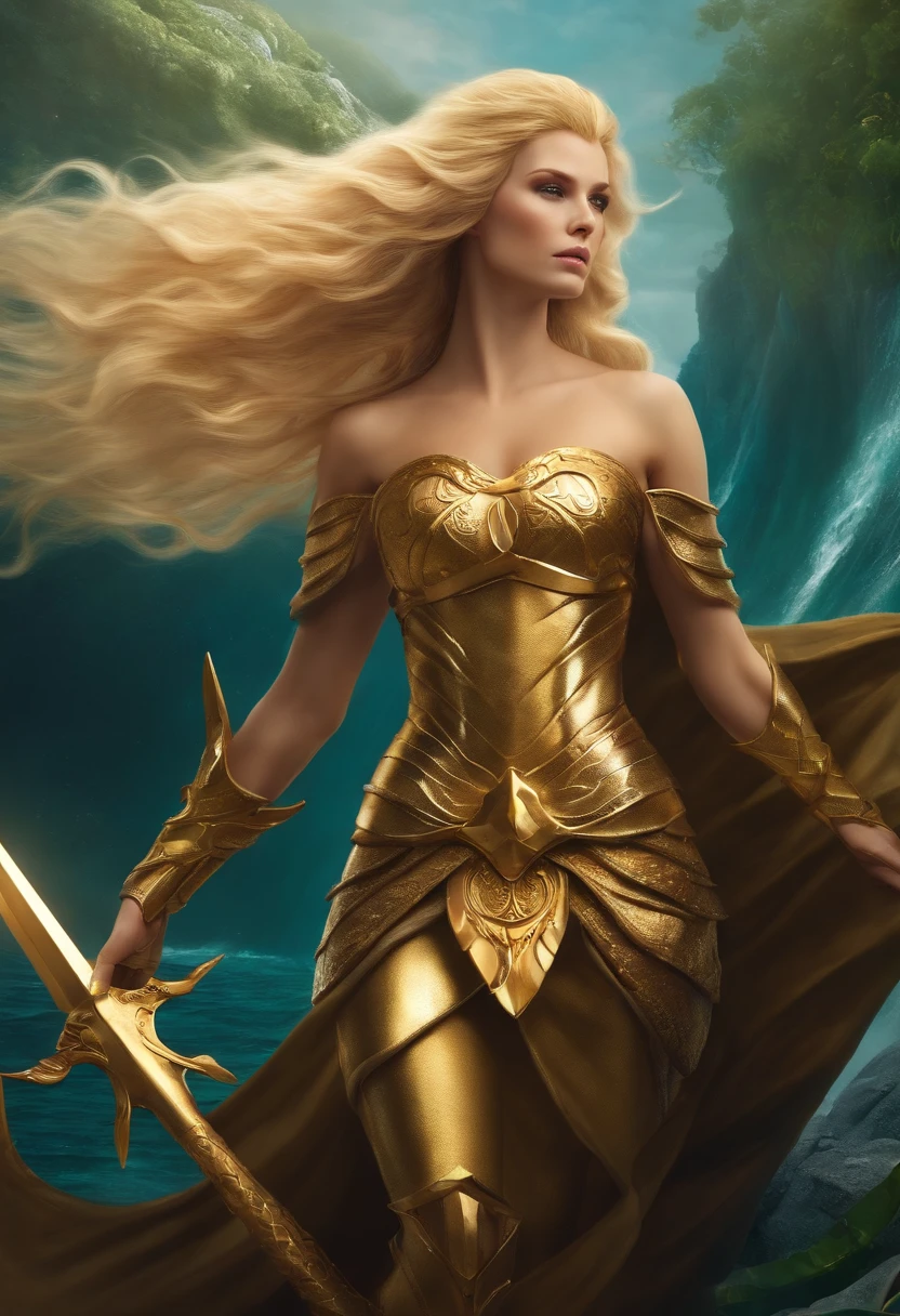 Warrior queen of mermaids, blonde with golden armor, trident hair in the wind