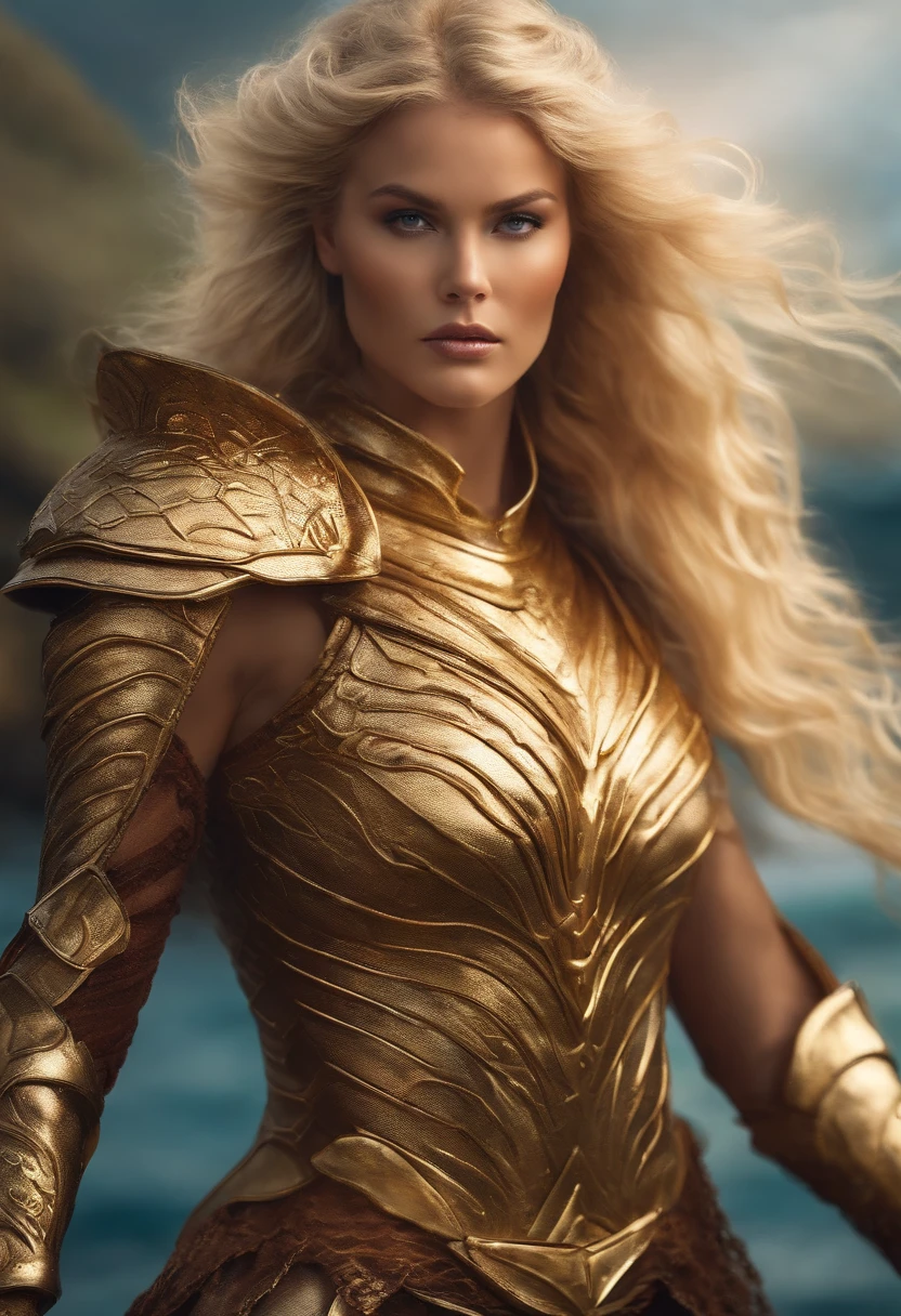Warrior queen of mermaids, blonde with golden armor, trident hair in the wind