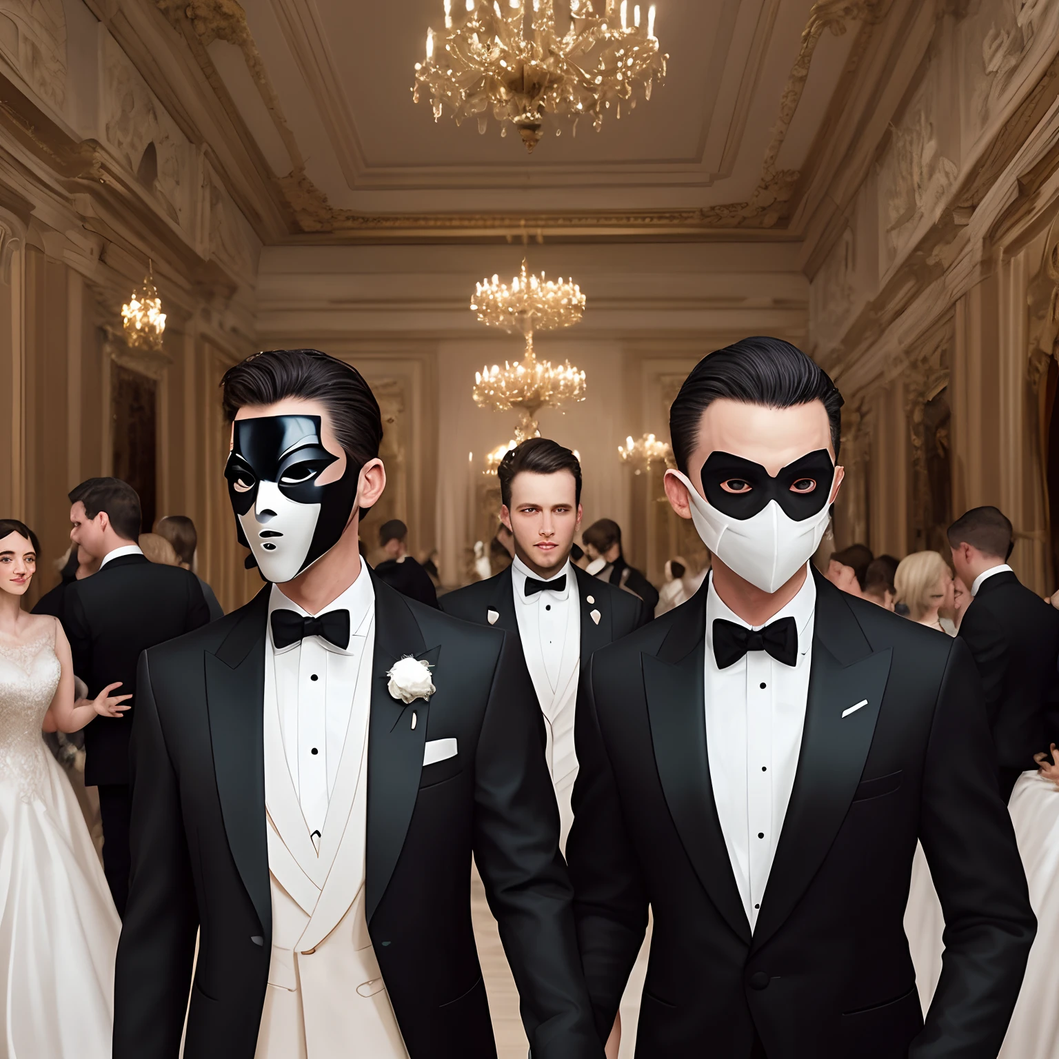 Image: A masked ball with elegant gowns and tuxedos, where their eyes lock from across the room.