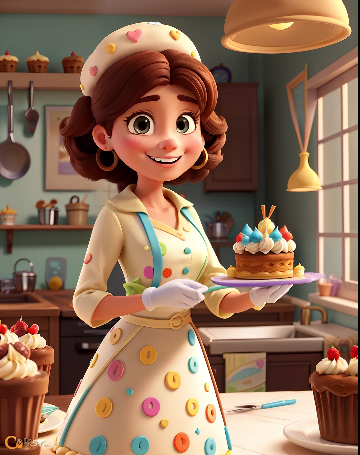 Poster 3D inspirado na Disney Pixar, com Uma mulher elegante,confeiteira 35 anos olhos castanhos e cabelos cacheados marrom, sorriso feliz, In pastry clothes she is decorating a cake in a kitchen full of cupcakes and paintings