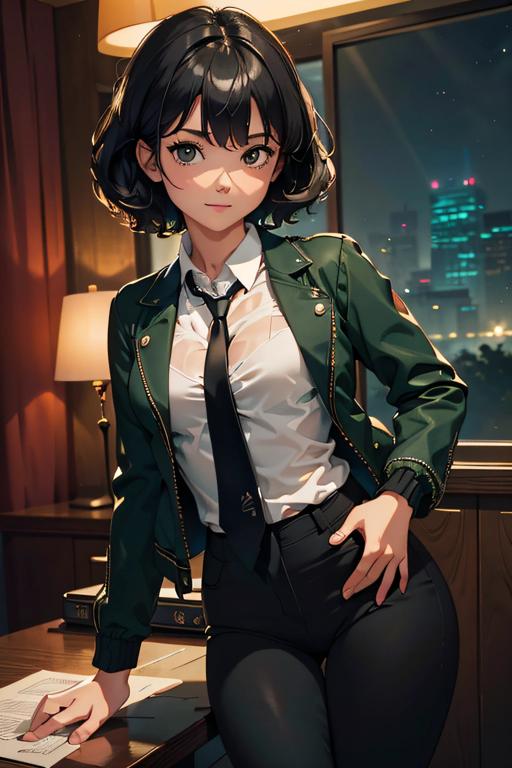 (masterpiece, best quality, hires, high resolution:1.2), (extremely detailed, realistic, intricate details, highres), 1girl, solo, black hair, Curly Fringe, dark eyes, light smile, ((green jacket, formal, black pants, white shirt, black necktie)), (small breasts, thick thighs, wide hips), lying on back, perpendicular to the camera, motel entrance desk, (cinematic lighting, volumetric, night), looking at viewer, facing viewer, shoulder-level shot, medium close-up shot,