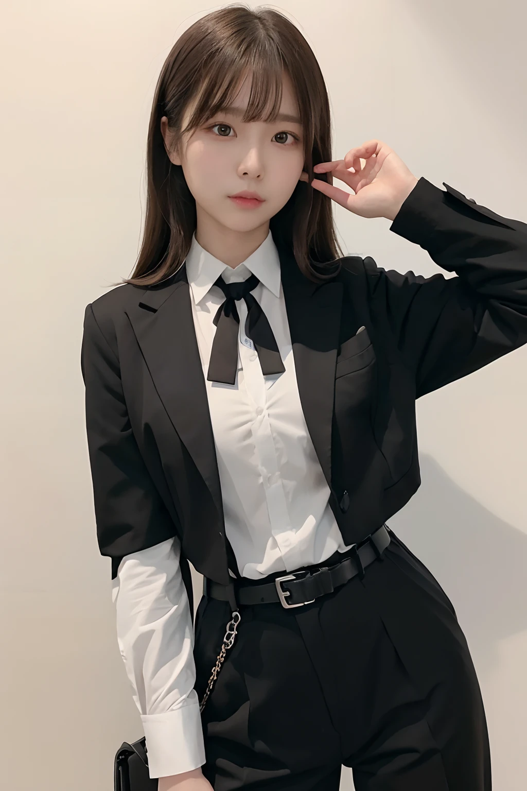 best quality、ultra-detailed、4k、Japanese、Seductive beauty、seductive adult woman、Pretty Woman、cool girl、Villainess、Brainwashed、brainwash、Fallen into evil、smirk、Evil look、Wicked Smile、evil、Brown hair、wavy hair、swept bangs、dark makeup、dark makeup、piercing eyes、hollow eyes,half-closed eyes、Hollow Eyes、purple Eyeshadow、black lipstick、black lipglos、office staff suit、suit、Jacket、Black sleeves、White Shirt、Black Ribbon、Tight Skirt、pantyhose、night、inside darkroom、Are standing、shoot from below、Have lipstick、Emblem of Evil、Crest of Darkness、Swear allegiance、I have pledged my allegiance、Dye black、Blackening、Stained with evil、Dyed in darkness、Seduce
