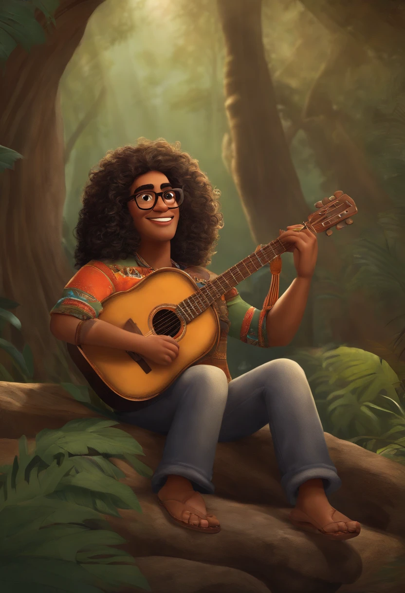 crie um banner no estilo Pixar. a man with indigenous characteristics, moreno pardo com cabelos curtos, Eyeglasses, Plump Curly and slightly grayish appearance, mas jovem, wearing an Amazonian legend print t-shirt, Wearing jeans and holding a classical guitar with 7 strings.