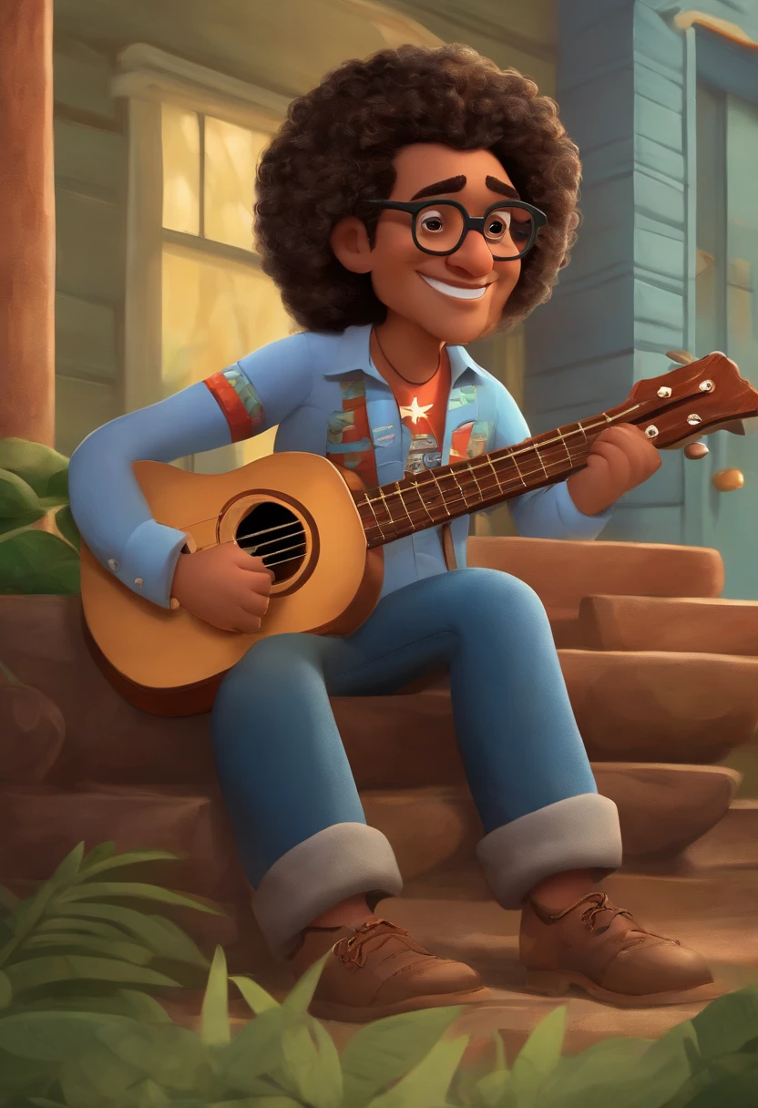 crie um banner no estilo Pixar. a man with indigenous characteristics, moreno pardo com cabelos curtos, Eyeglasses, Plump Curly and slightly grayish appearance, mas jovem, wearing an Amazonian legend print t-shirt, Wearing jeans and holding a classical guitar with 7 strings.
