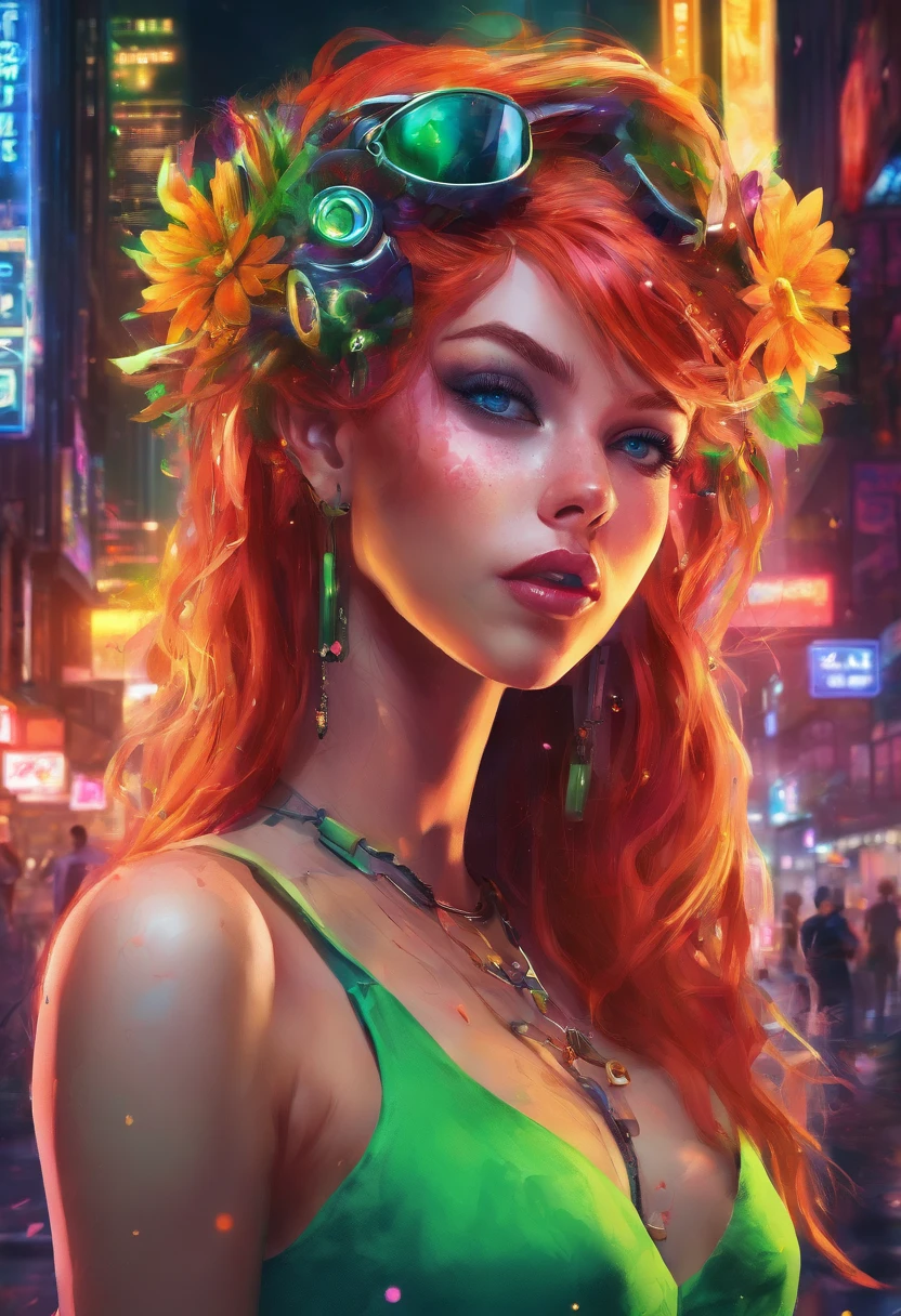 (high resolution,watercolor: 1.2),elf princess,flower,freckles,bangs,redhead,long hair,green eyes,hair between eyes,flower earrings,blurred background