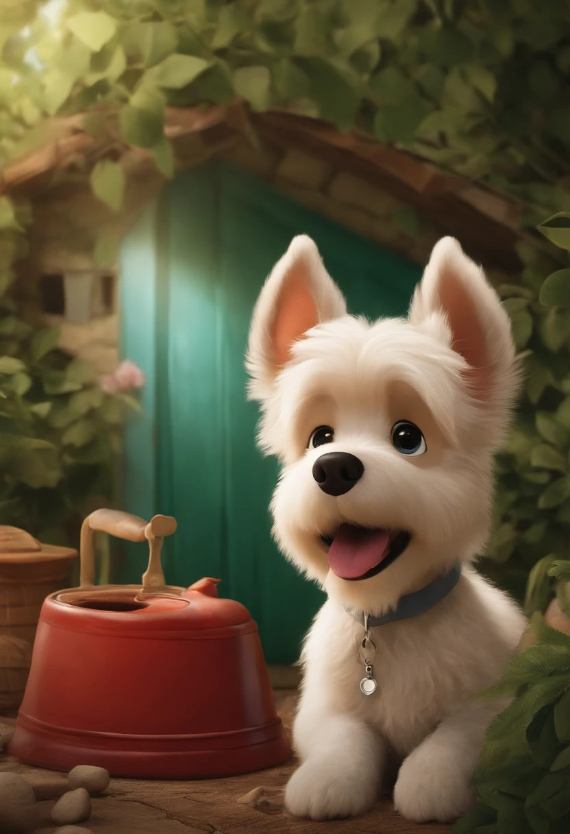 Create a poster inspired by Disney Pixar movies, cachorro caniche blanco, Cachorro triste dentro de una casita de madera. El cartel se titula "Pipo en busca del hogar perdido" El arte digital debe estar al estilo de Pixar, Con reminiscencias de un largometraje animado.