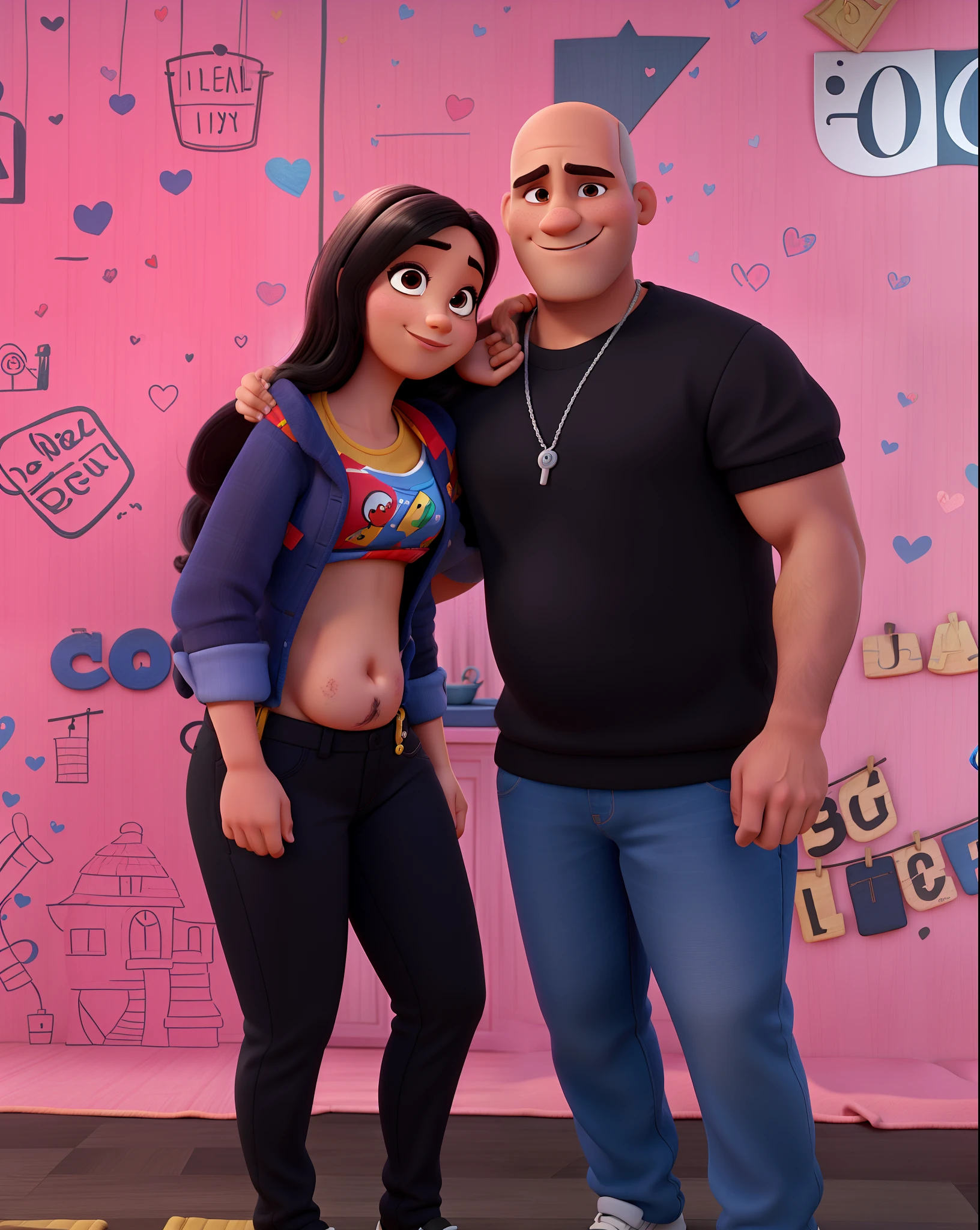 Casal feliz, mulher branca com cabelo preto e barriga aparecendo, homem careca, estilo Disney pixar, melhor qualidade.