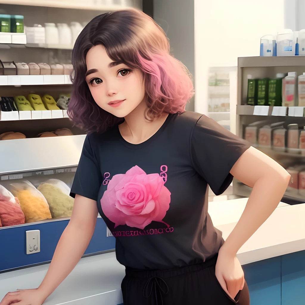 Uma menina de cabelo comprido escuro, usando uma camiseta azul escrito Sesc, wearing black pants, olhos pequenos, batom rosa, in front of the counter