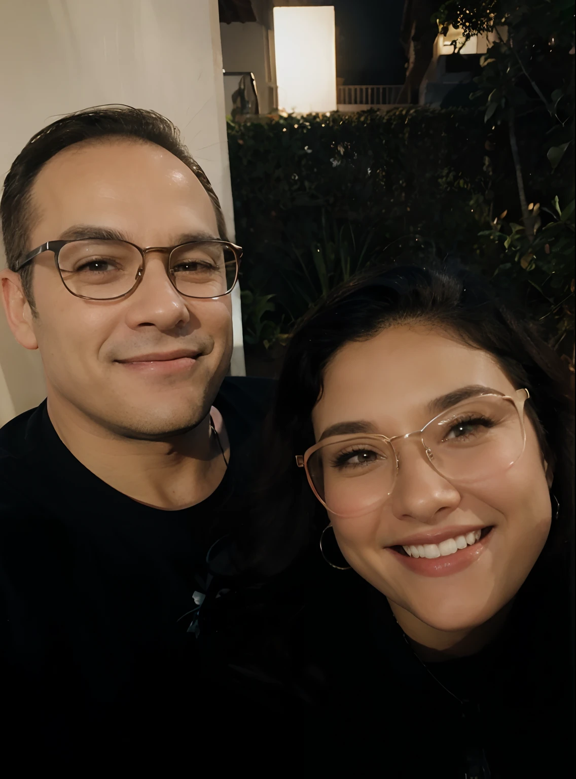 Casal estilo Disney Pixar sorrindo em um jardim a noite