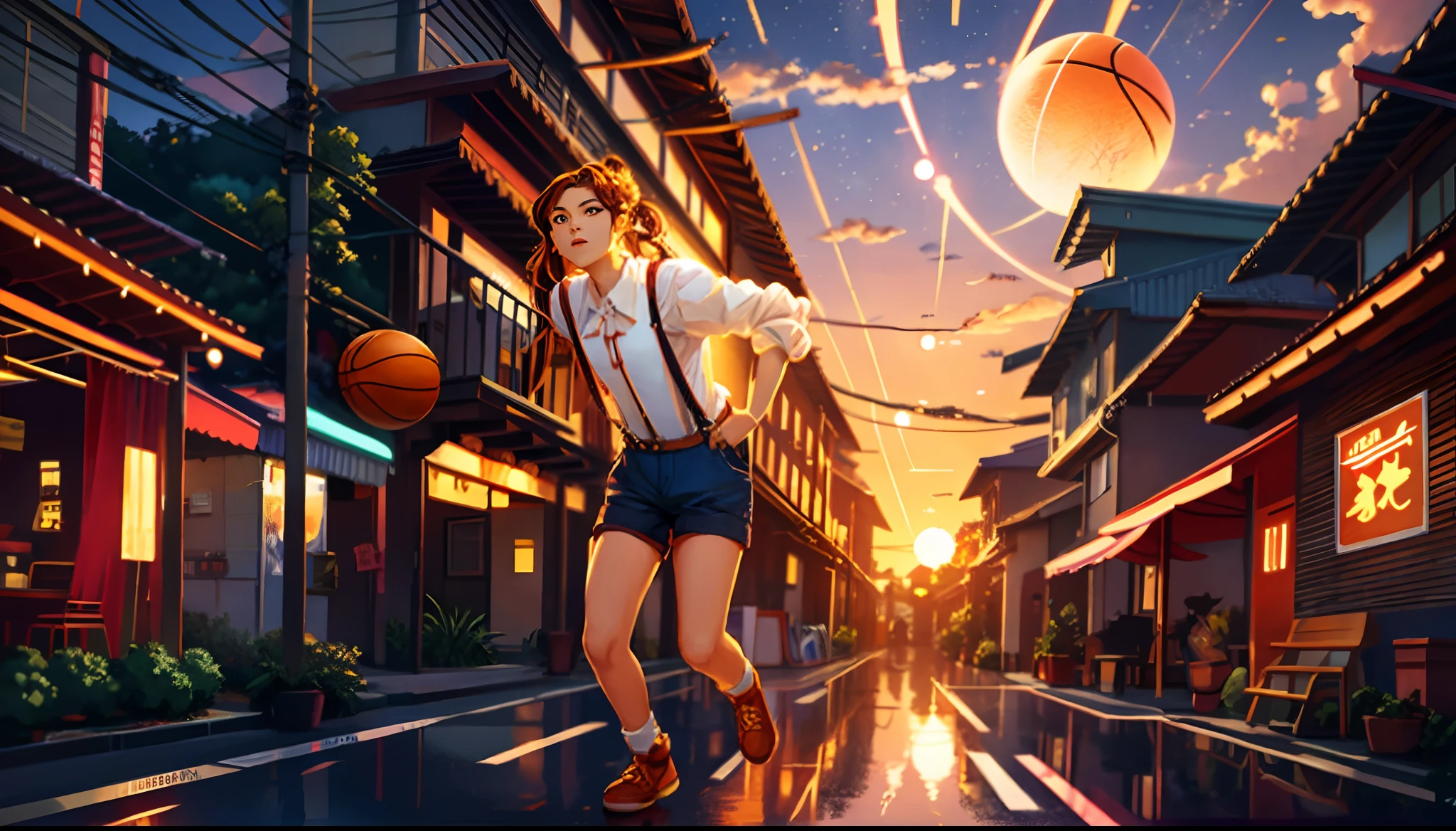 the sunset,eventide,middle parted hairstyle,Suspenders,Right-handed basketball,meteors(Swipe right),styled(Your name),A small lychee tree in the back