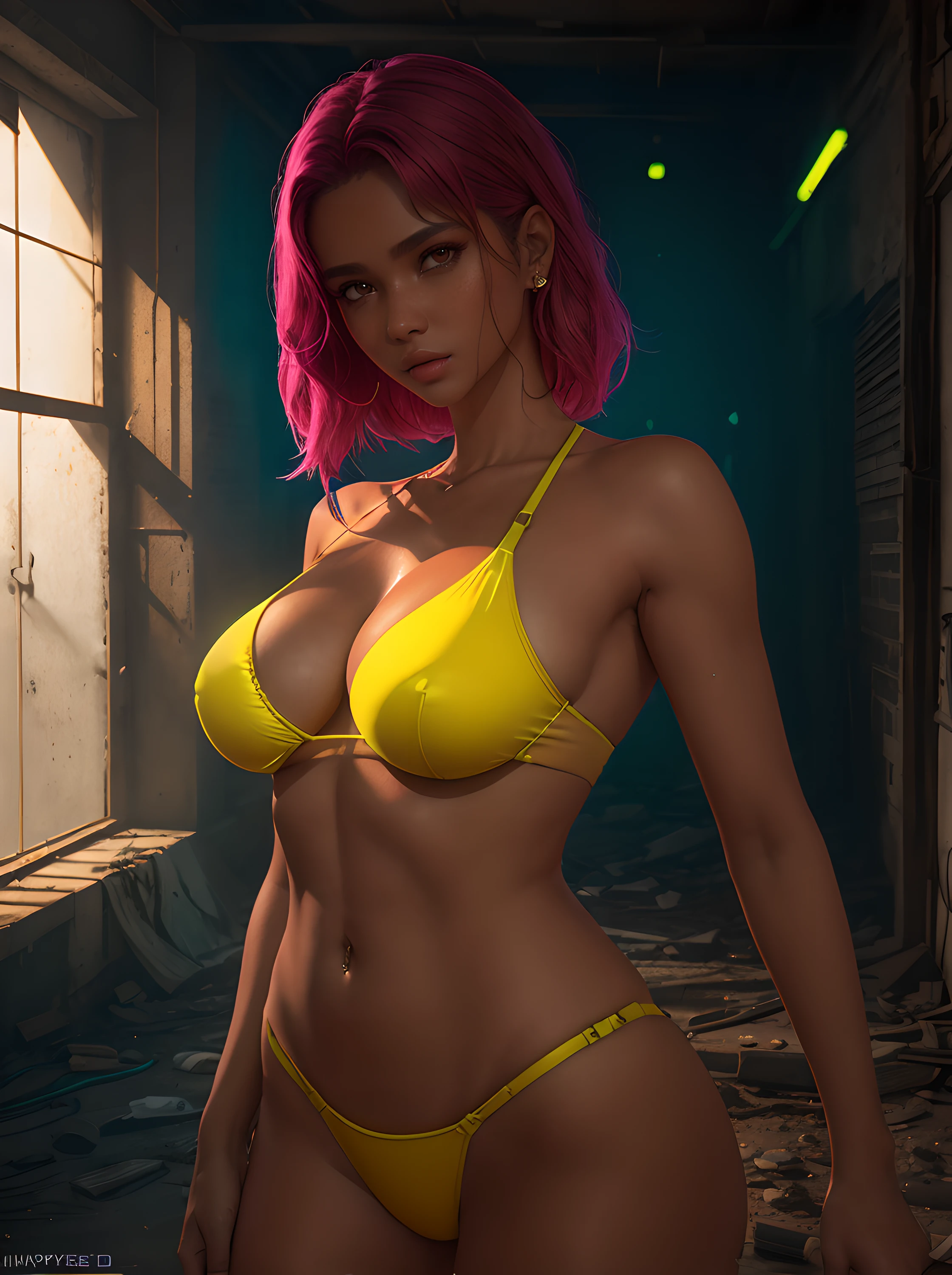 tmasterpiece, beste-Qualit, Digital Influencer Thais Carla , low water, 8K, Highly detailed face, a perfect face, the perfect body, posing, (intricate details:0.9), (HDR, hyper-detailing:1.2), (natural skin textures, hyper realisitc, soft light, Sharp), (Intricate Detail 1.5), In an abandoned warehouse, ((Lots of neon consecration)).
