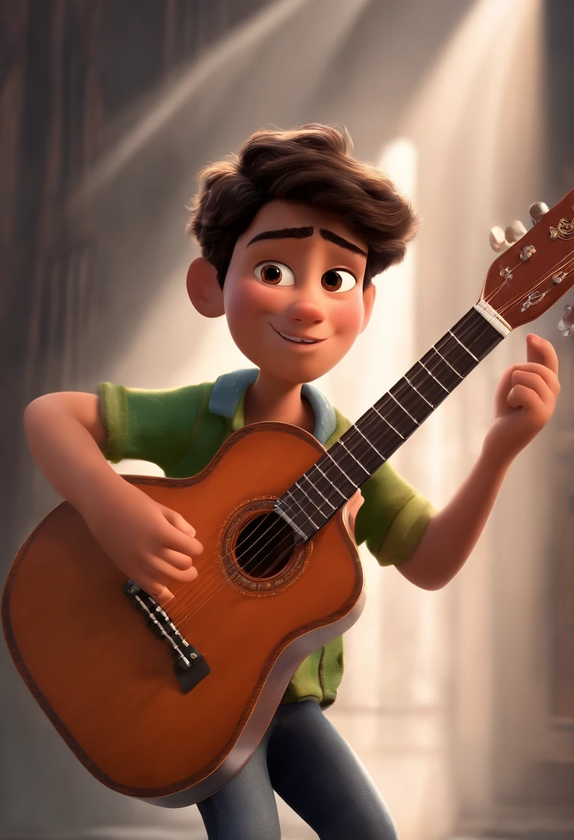 A boy with the guitar in his hand in the Pixar animation, de perto. The character takes center stage with captivating facial expressions, oferecendo um toque de irrealidade
