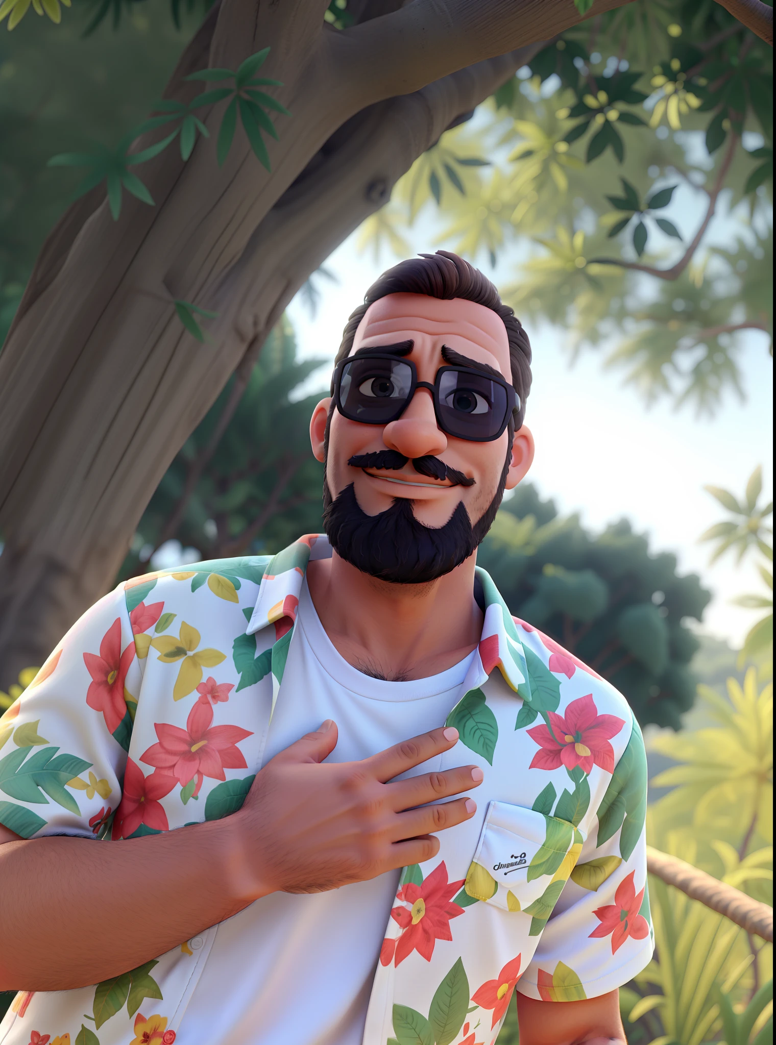 Um homem de 43 anos, com uma camisa florida, with your hand on your chest, of sunglasses, barba preta e cabelo preto, A Tree Background.