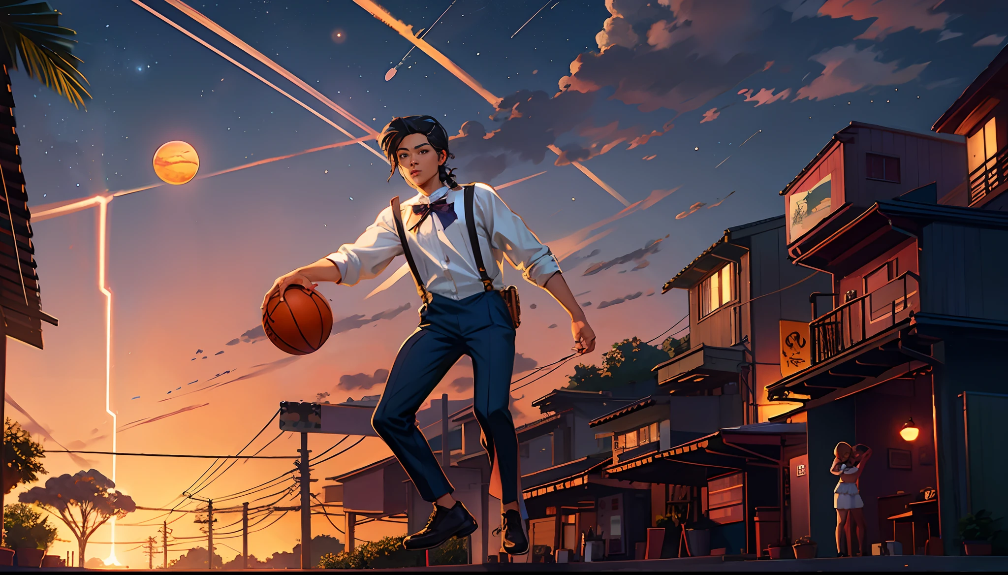 the sunset，eventide，middle parted hairstyle，Suspenders，Right-handed basketball，meteors（Swipe right），styled（Your name），A small lychee tree in the back