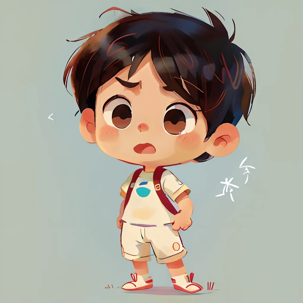 Male child、２Head and body、Cartoon style、No background、cute little、A dark-haired、Super Cute、White background、full body Esbian、cheerful look、Black、Big eyes、effect、Sleeping、looks sleepy、yawns、tedium