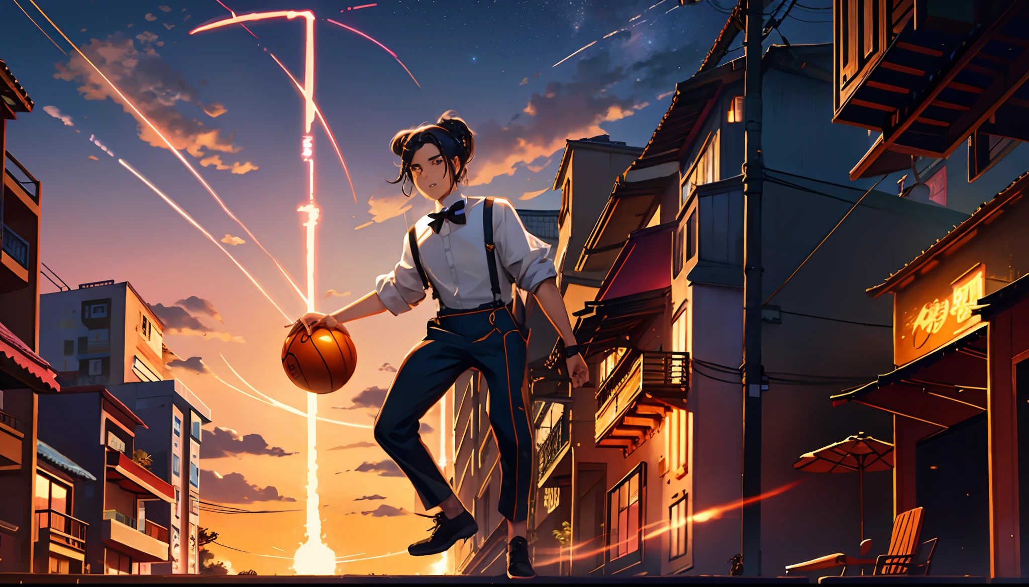 the sunset,eventide,middle parted hairstyle,Suspenders,Right-handed basketball,meteors(Swipe right),styled(Your name),A small lychee tree in the back