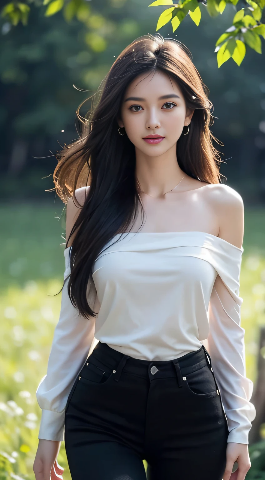 ((Realistic light、top-quality、8k、​masterpiece:1.3))、1girl in、a smile、closed her eyes、A small mole on the chest、Beautiful woman with slender body shape:1.4、abdominals:1.1、Korea person、pale-skinned、(Floating wavy silk brown hair、hair floatingin the wind、medium_breasts:1)、(deep_cleavage)、White off-shoulder shirt:1.2、Long sleeves wet in the wind、(Sweaty skin on the chest:1)、 is standing、Night in the mountains、Campfire Lights、hyperdetailed face、A detailed eye、二重まぶた、shinny skin、cowboy  shot、A slender、Slimed、Model body type、small tits、tiny chest