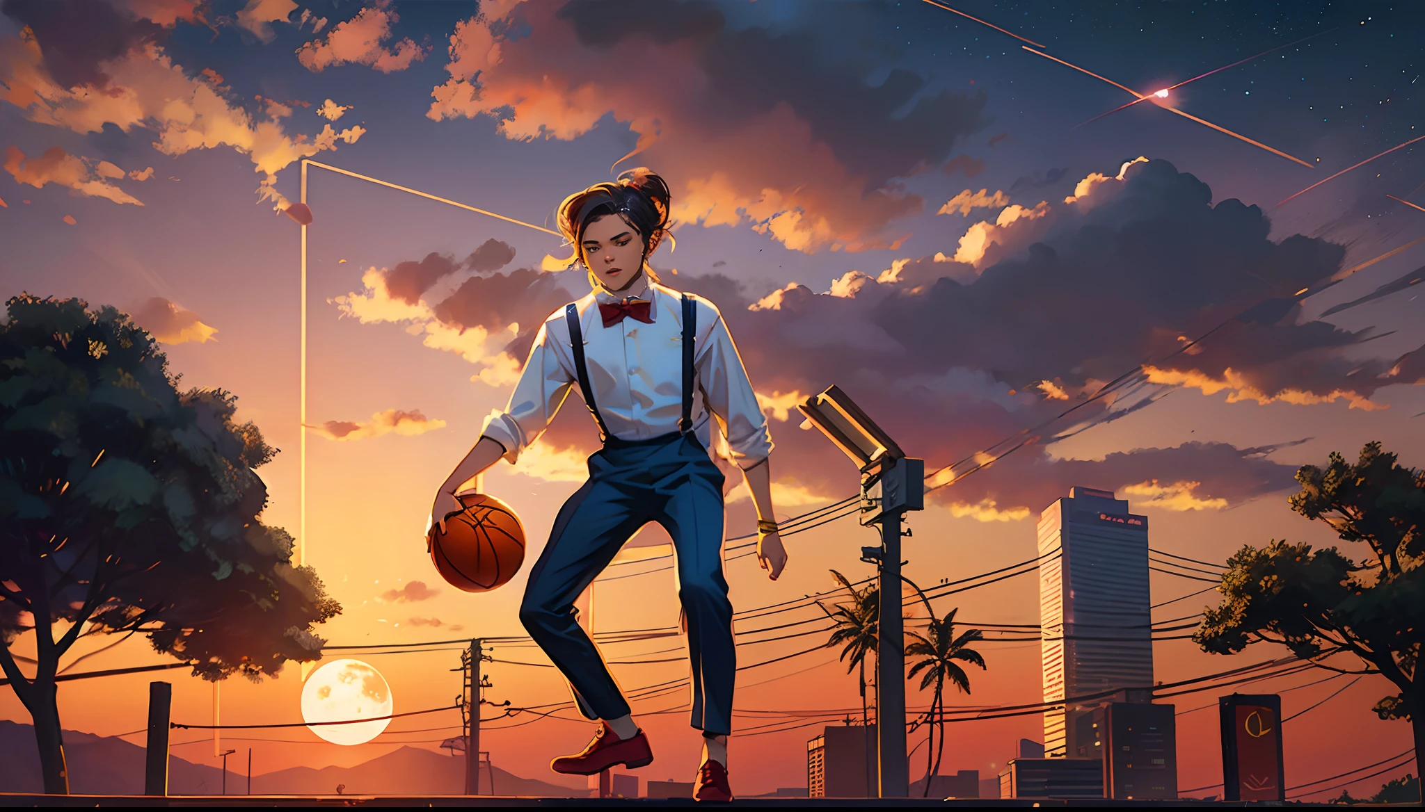 the sunset,eventide,middle parted hairstyle,Suspenders,Right-handed basketball,meteors(Swipe right),styled(Your name),A small lychee tree in the back
