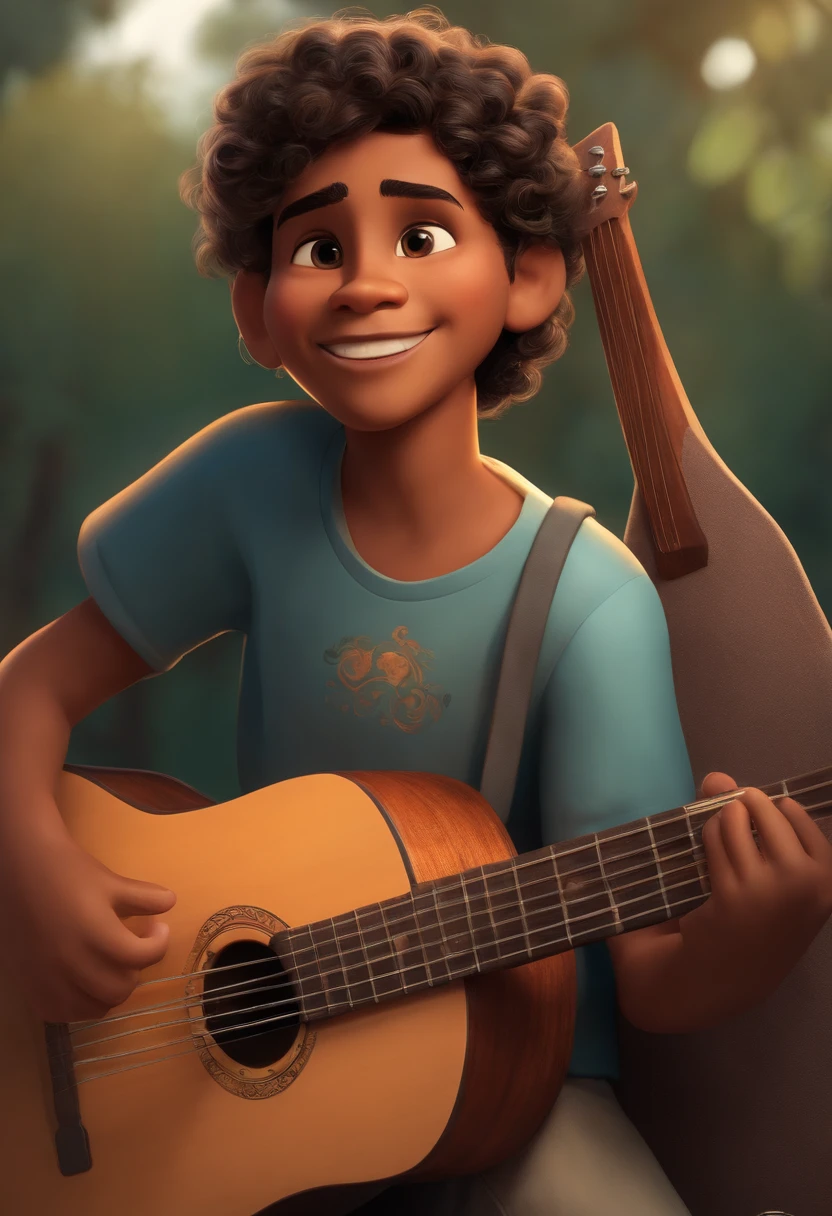 crie um banner no estilo Pixar. A boy with Indian features, moreno pardo com cabelos curtos, Castanhos escuros, Curly and slightly grayish appearance, mas jovem, usando uma camiseta, Wearing jeans and holding a classical guitar with 7 strings.