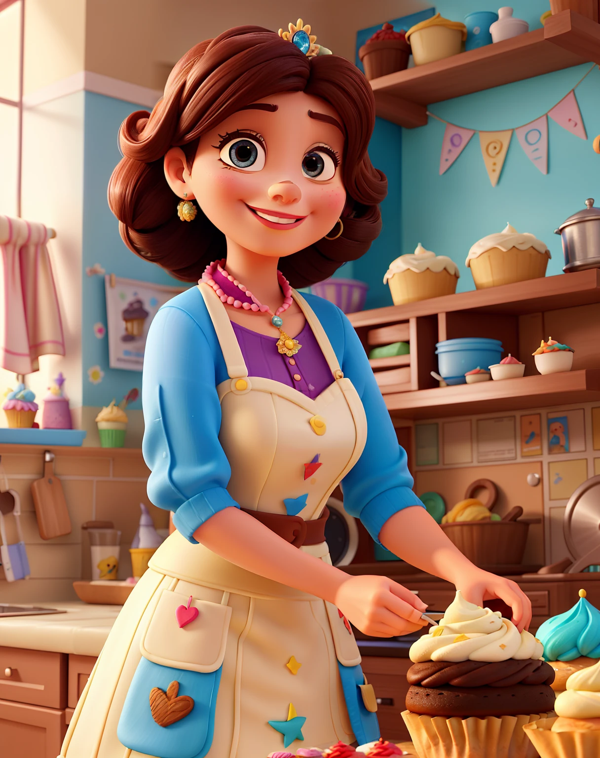 Poster 3D inspirado na Disney Pixar, com Uma mulher elegante,confeiteira 35 anos olhos castanhos e cabelos cacheados marrom, sorriso feliz, In pastry clothes she is decorating a cake in a kitchen full of cupcakes and paintings