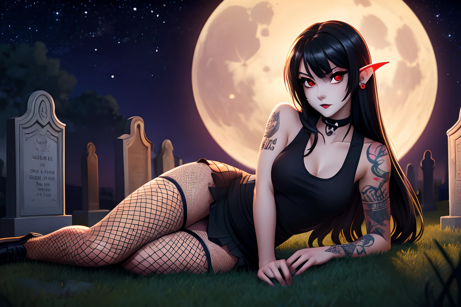 Vampire Goth Girl, long black hair, Beautiful cute face, Innocent, Charming, Sexually calm facial expression, Dark Makeup Black Lipstick, Lots of tattoos all over the body, body piercings, rings in the ears, black choker around the neck, Facing the camera, Skin color: white, Body glare, ((pretty eyes)), Vampire Red Eyes, ((Perfect Sexy Figure)), Ideal body shapes, big thighs, ((Subtle and beautiful)), ((Sexy black tank top and mini skirt with fishnet stockings)), Sexually seductive lying position, Full-length, Background cemetery moonlight, a starry sky, nightfall, Depth of field, ((ultra quality)), ((tmasterpiece)), clear image, crisp details, Realistic, Professional Photo Session, Clear Focus, the anime, Colorfully drawn, NSFW