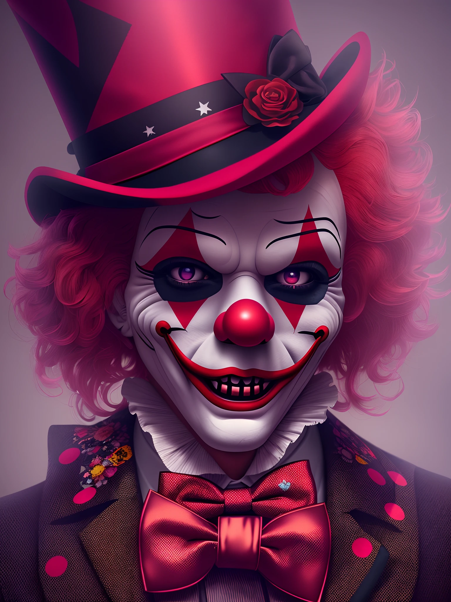 doll,Clown in top hat and bow tie, red tinted hair,masks,cutecore clowncore, jocker, skull clown, scary clown, portrait death clown, 4k highly detailed digital art, stunning digital illustration, trending on artstation hq