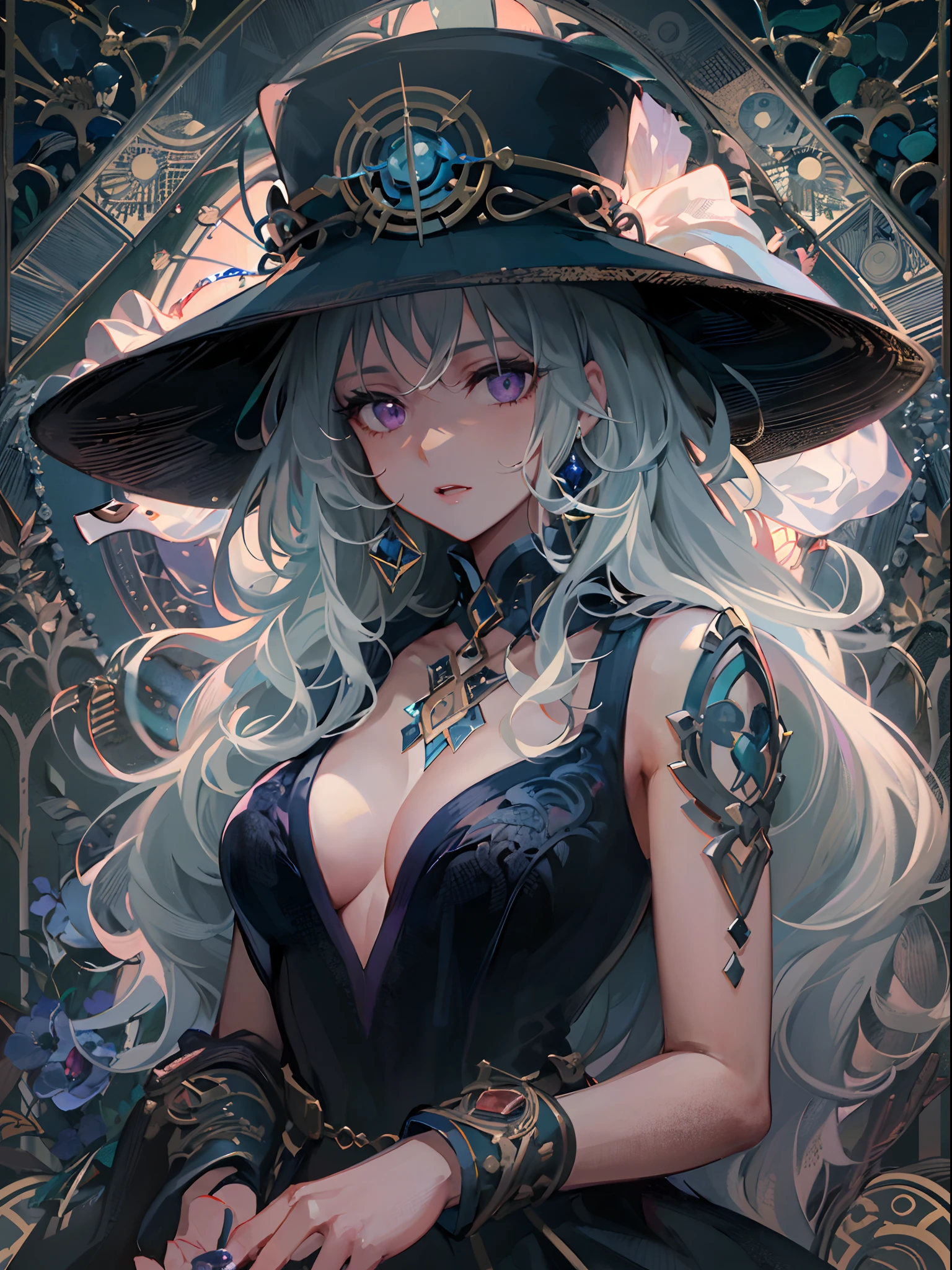 ((top-quality)), ((masterpiece)), ((ultra-detailliert)), (extremely delicate and beautiful), girl with,Purple eyes、The hair is long and white、 magical feeling vibes,Mystical Shadow,Mesmerizing views,Dynamic Poses,dramatic perspective, Intricate details, vivid hues, Seductive composition, Captivating artwork.Dressed as a fortune teller、Wearing a black hat Holding tarot cards in his hand