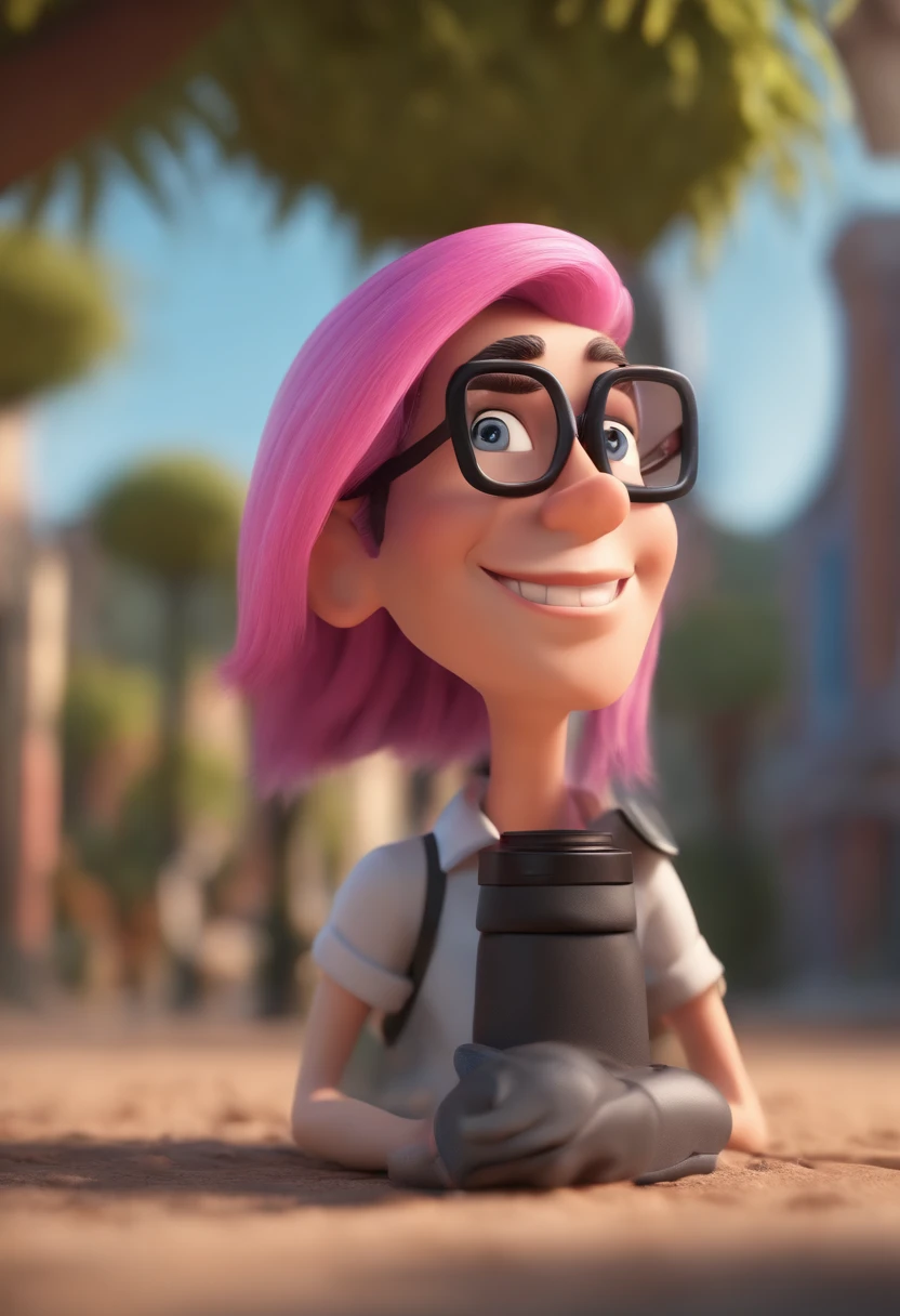Cartoon character of a man photographer with black glasses and long hair and a woman photographer with small face and pink hair, animation character, Caractere estilizado, animation style rendering, 3D estilizado, Arnold Maya render, 3 d render stylized, toon render keyshot, Personagem 3D, Personagem 3D, 3d rendering stylized, 3 d character render, personagem de desenho animado, Personagem de close up, Pose de personagem,  (Estilo Pixar) (master part:1.2) (Bokeh) (best quality) (pele detalhada) (textura detalhada) (8k) (argila) (Cinematic lighting) (foco nítido)