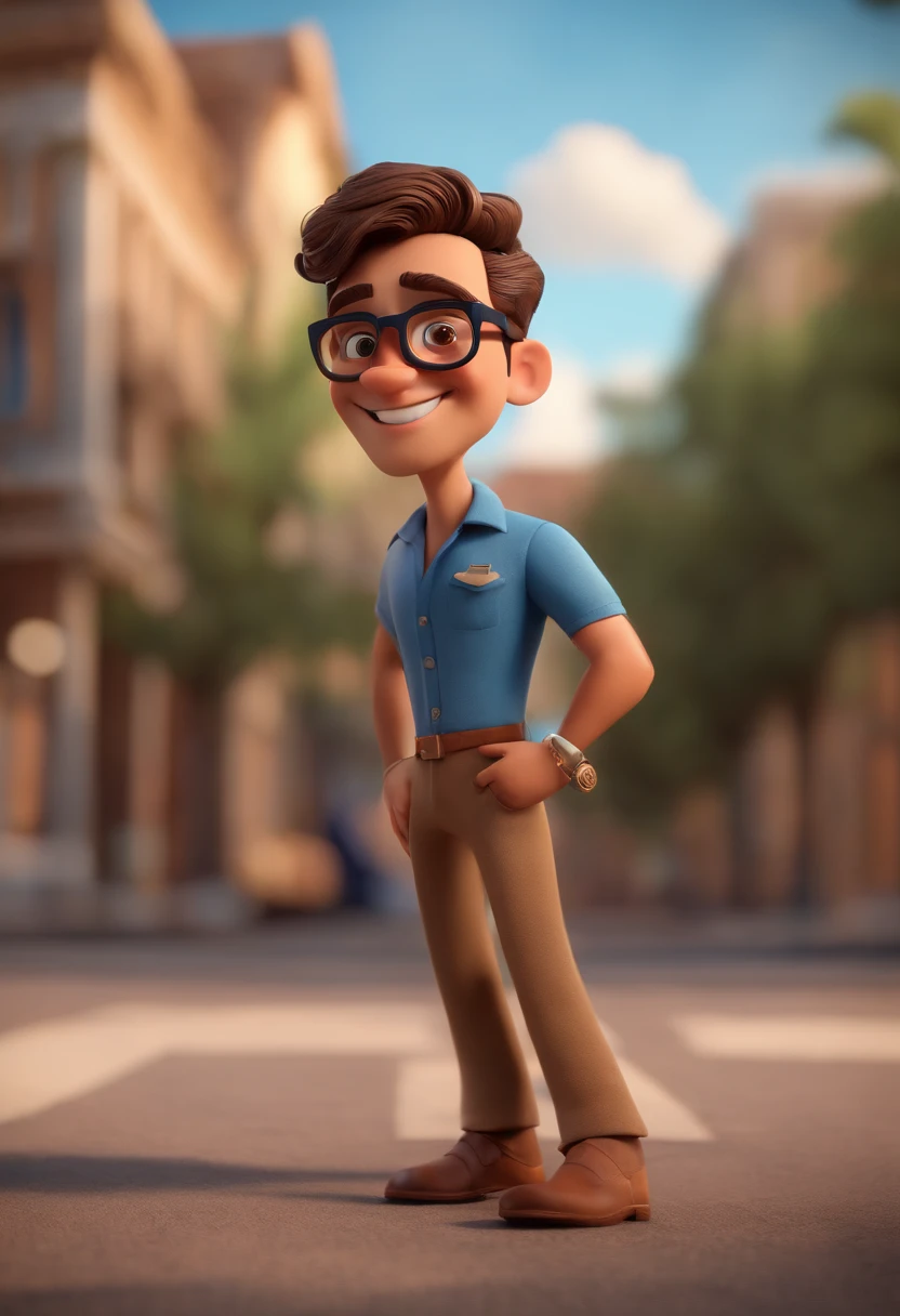 Cartoon character of a man with black glasses, cabelo cacheado marrom escuro e uma camisa azul, animation character, Caractere estilizado, animation style rendering, 3D estilizado, Arnold Maya render, 3 d render stylized, toon render keyshot, Personagem 3D, Personagem 3D, 3d rendering stylized, 3 d character render, personagem de desenho animado, Personagem de close up, Pose de personagem,  (Estilo Pixar) (master part:1.2) (Bokeh) (best quality) (pele detalhada) (textura detalhada) (8k) (argila) (Cinematic lighting) (foco nítido