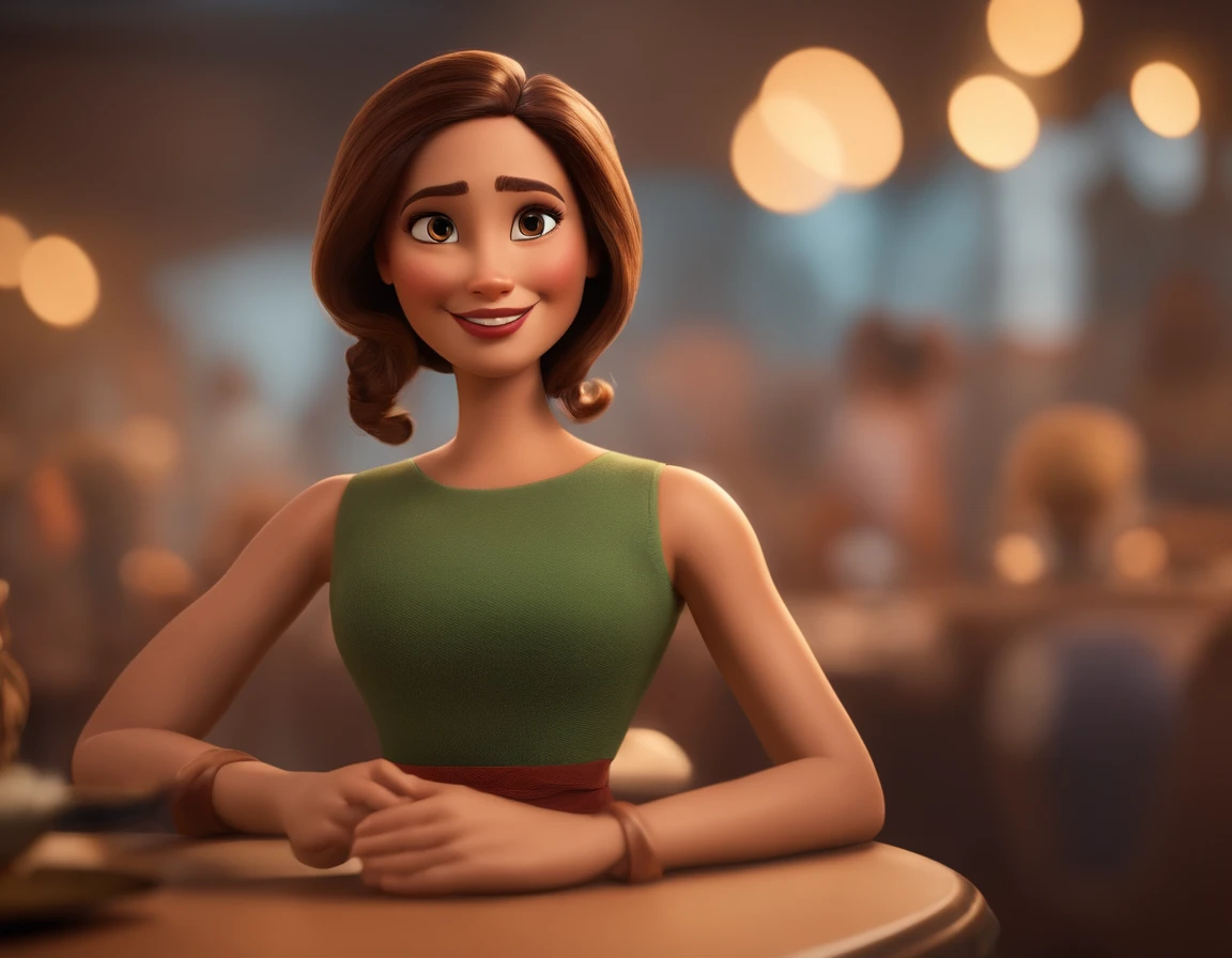 uma mulher estilo pixar/disney, alta qualidade, de frente para o espelho, Authentic, alegre, curiosa, cabelos ondulados longos e loiros, olhos grandes e castanhos, Instagram Icons, whatsapp, Facebook and chat bubbles in the background, movie title "Gabi, the authentic one"