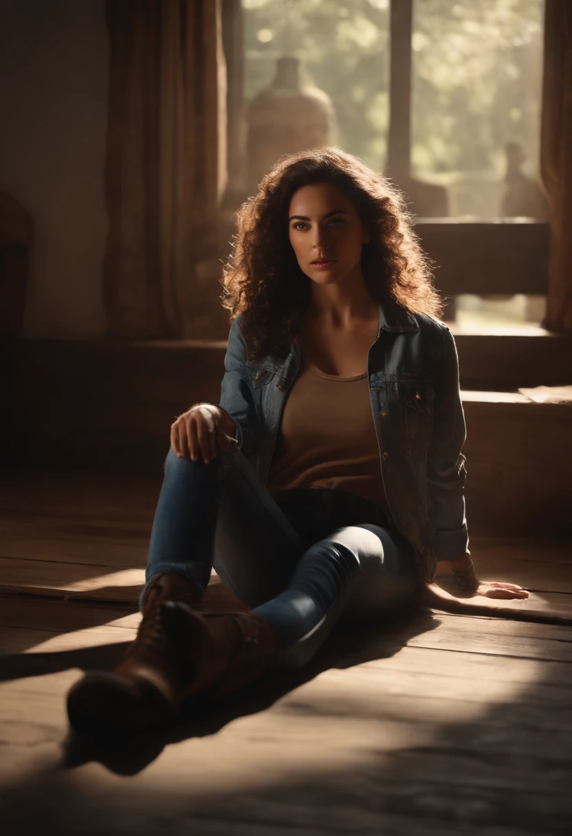 (cena de suspense ((arte conceitual)), extremamente detalhado com uma  usando jeans com casaco marrom e botas), (better lighting, melhor sombra, um extremamente delicado e assustador), (digital illustation), ((Pintura 4k)), [(Dynamic angle,((1girl)),cabelos brancos, (beautiful face, rosto perfeito, assustado,) fear expression, Roupas rasgadas, A gun in your hand, sitting on the floor, darkeness, casa assustadora),  [:(Escuro, Misterioso, pintura do jogo, eerie scenery, corredores irregulares, casa grande, Deadly silence):]