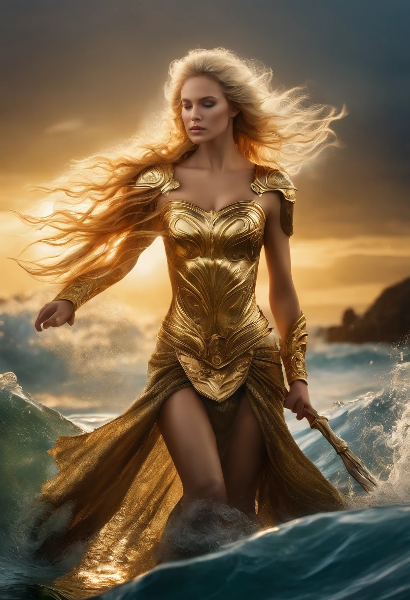Warrior queen of the mermaids, blonde with golden armor, trident hair in the wind and controlling the water around her