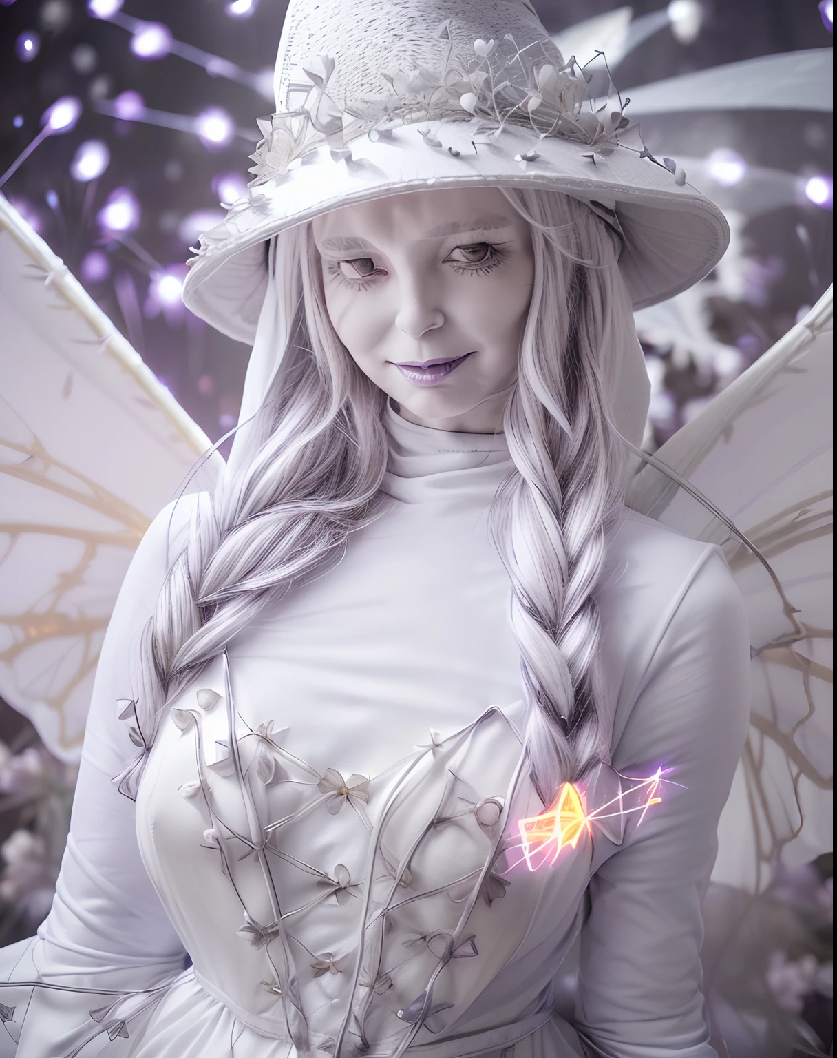 (Dress Up for Halloween:1.4),(Happy halloween:1.2),
(White Halloween:1.3),(White Witch Hat:1.8),(White Witch Cosplay:1.5),(fairy wings:1.6),fairy tail,
Overwriting,(bloom:1.8),(light glow:1.8),(Cinematic lighting:1.3),(light Particle:1.8),(Halloween:1.6),