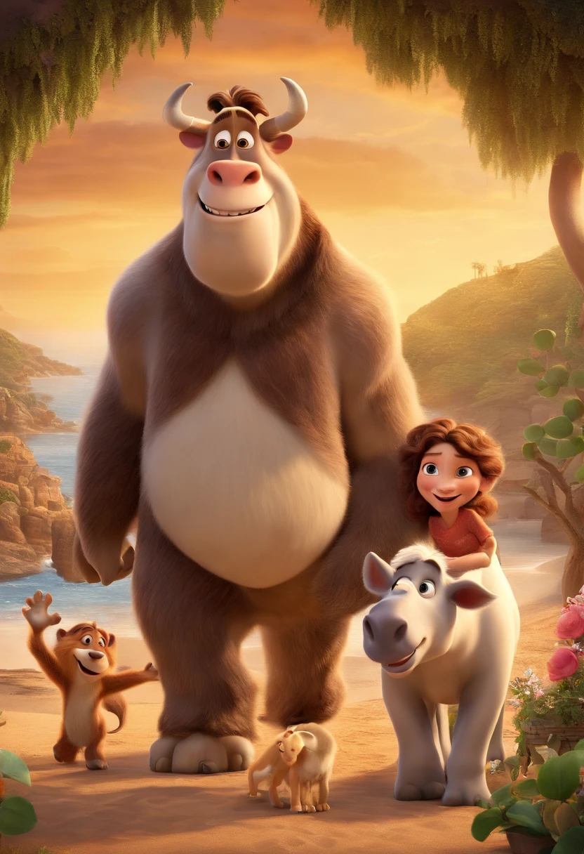 a Disney Pixar movie poster showing a white-skinned family. The father is the tallest, Tem barba curta, loiro, cabelos curtos e espinhosos. The mother has brown eyes and hair, shoulder-length and is slightly overweight. A menina tem 4 anos e cabelos castanhos, roupa rosa e rabos de cavalo. The background is a beach garden. 3D-rendering