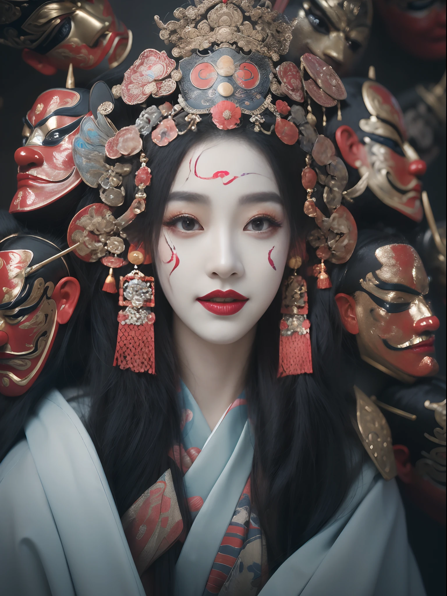 hyper HD, Masterpiece, Anatomically correct, Textured skin, Textured skin, High details, High quality, Award-Awarded, A high resolution, Best quality, 16k
(Close-up of a girl's face clown makeup), (),(Chinese Sichuan opera clown face),Peking Opera clown face,Symmetrical up and down,Lots of clown faces,Bao Gong Mask,Matchmaker mask,Perfect integration,geisha makeup,Masquerade masks,uncanny,Exaggerated laughter