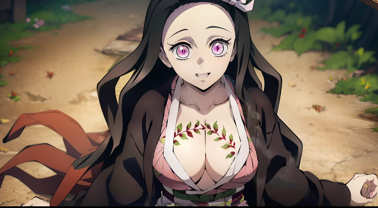 hooligan, naked breasts, teats, Camera from above, Frame from above, the night, Lights, looks at the viewer, ssmile, grin, full-length photo, Panoramic view, Antique Japanese House, tatami, half naked(Body Full 1.1), Sexy, Smiling, Nezuko Kamado's masterpiece, ssmile, joying, Long black hair with orange tips, Ribbon Hair, (pink eyes: 1.5) Bright, Wavy Hair, two tone hair, professional photo of a, haori, Japanese outfit, Sexy kimono, long sleeves, pink kimono, band, long sleeves, Perfect Curved Body, Tattooed body with leaves, permeating Her body, Lovely Medium Breasts, Her breasts are sticking out from under her clothes, BREAK (Master Part: 1.2), Best Quality, High Resolution, photorealestic, photogenic, Unity 8k壁纸, (illustartion: 0.8), (Beautiful detailed pink eyes: 1.6), extremely detailed face, perfect lighting, extremely detailed CGI , (perfect arms, perfect anatomy), 18 year old girl with perfect breasts, beatiful face, master study, intricate details, Detalhes realistas, the anime, (По мотивам Demon Slayer Kimetsu no Yaiba Nezuko Kamado) the perfect body, Perfect Pointed Breasts, The Perfect Girl, perfect details, Ultra HD |, 8K, Professional photo, Kimetsu no Yaiba Sexy Nezuko Kamado shows off her sexy body with a leaf tattoo, Joyful expression on his face,