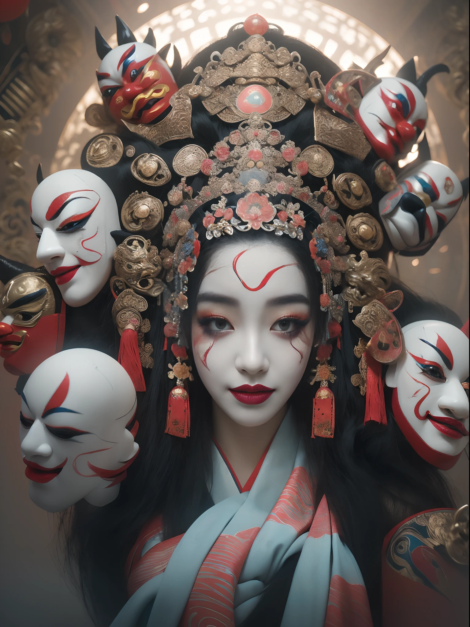 hyper HD, Masterpiece, Anatomically correct, Textured skin, Textured skin, High details, High quality, Award-Awarded, A high resolution, Best quality, 16k
（Close-up of a girl's face clown makeup）， (），（Chinese Sichuan opera clown face），Peking Opera clown face，Symmetrical up and down，Lots of clown faces，Bao Gong Mask，Matchmaker mask，Perfect integration，geisha makeup，Masquerade masks，uncanny，Exaggerated laughter