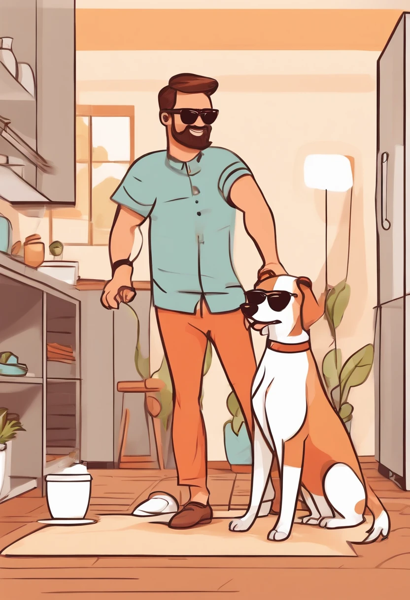 A person training a dog at home in a cartoon drawing, the dog wearing sunglasses on its face, with a homemade touch.
(hand-drawn, cartoon style),(best quality,highres,ultra-detailed),(homemade, DIY),(fun and lighthearted),(bright and vibrant colors),(playful and energetic lighting),dog wearing sunglasses, person guiding the dog's behavior, comfortable and friendly home environment, interactive training tools, joyful atmosphere, positive reinforcement techniques, dog obeying commands confidently, happy expressions, dynamic movements, personalized training approach