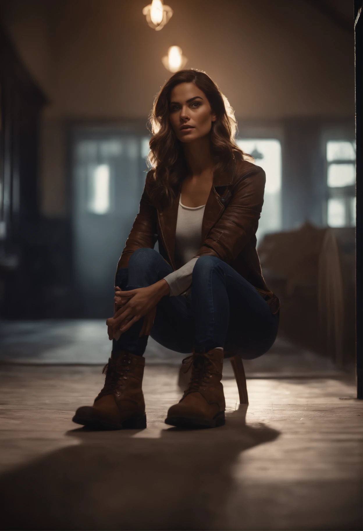 (cena de suspense ((arte conceitual)), extremamente detalhado com uma  usando jeans com casaco marrom e botas), (better lighting, melhor sombra, um extremamente delicado e assustador), (digital illustation), ((Pintura 4k)), [(Dynamic angle,((1girl)),cabelos brancos, (beautiful face, rosto perfeito, assustado,) fear expression, Roupas rasgadas, A gun in your hand, sitting on the floor, darkeness, casa assustadora),  [:(Escuro, Misterioso, pintura do jogo, eerie scenery, corredores irregulares, casa grande, Deadly silence):]
