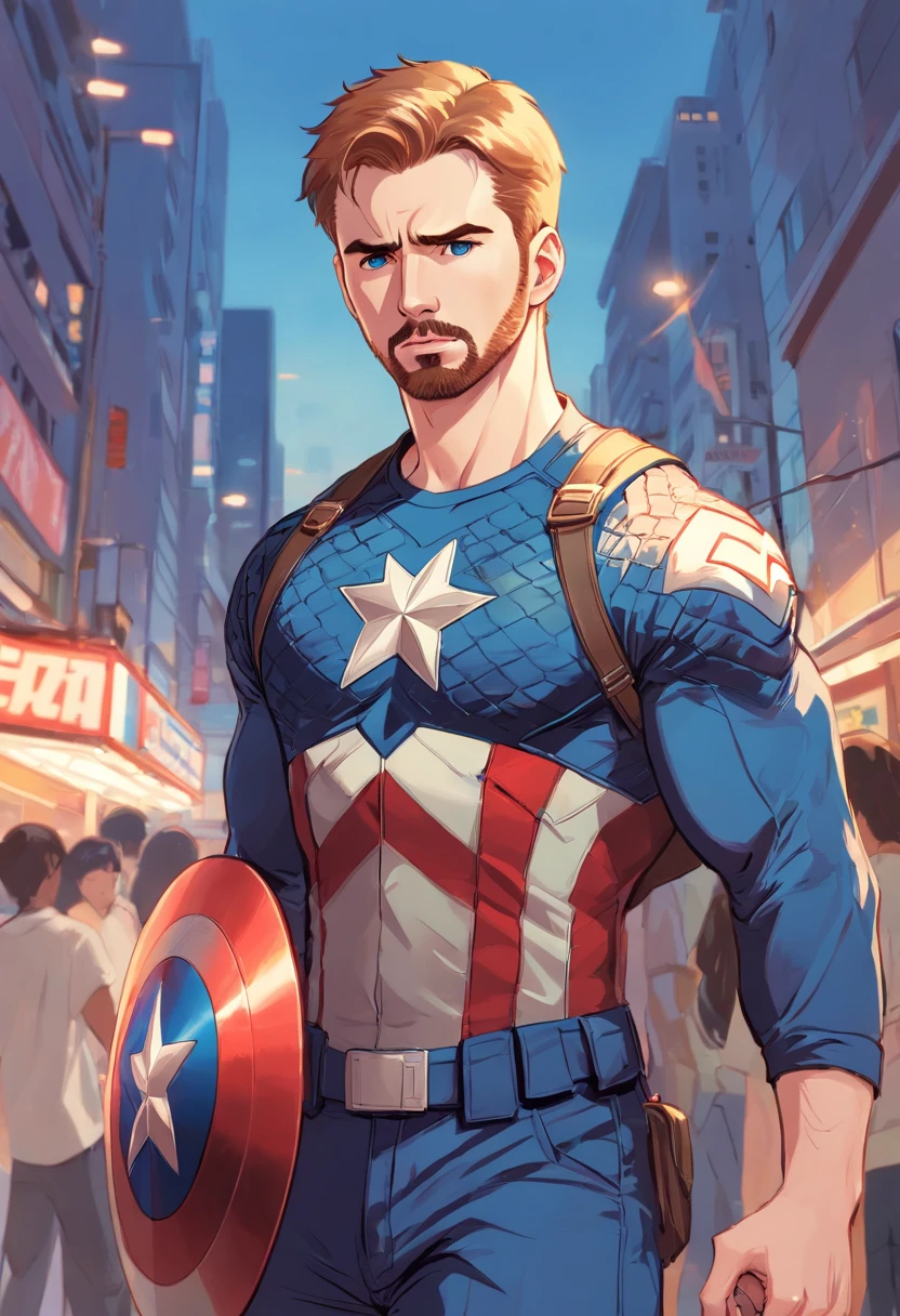 "A detailed illustration of Chris Evans as Captain America wearing a t-shirt, Olhando para o horizonte."