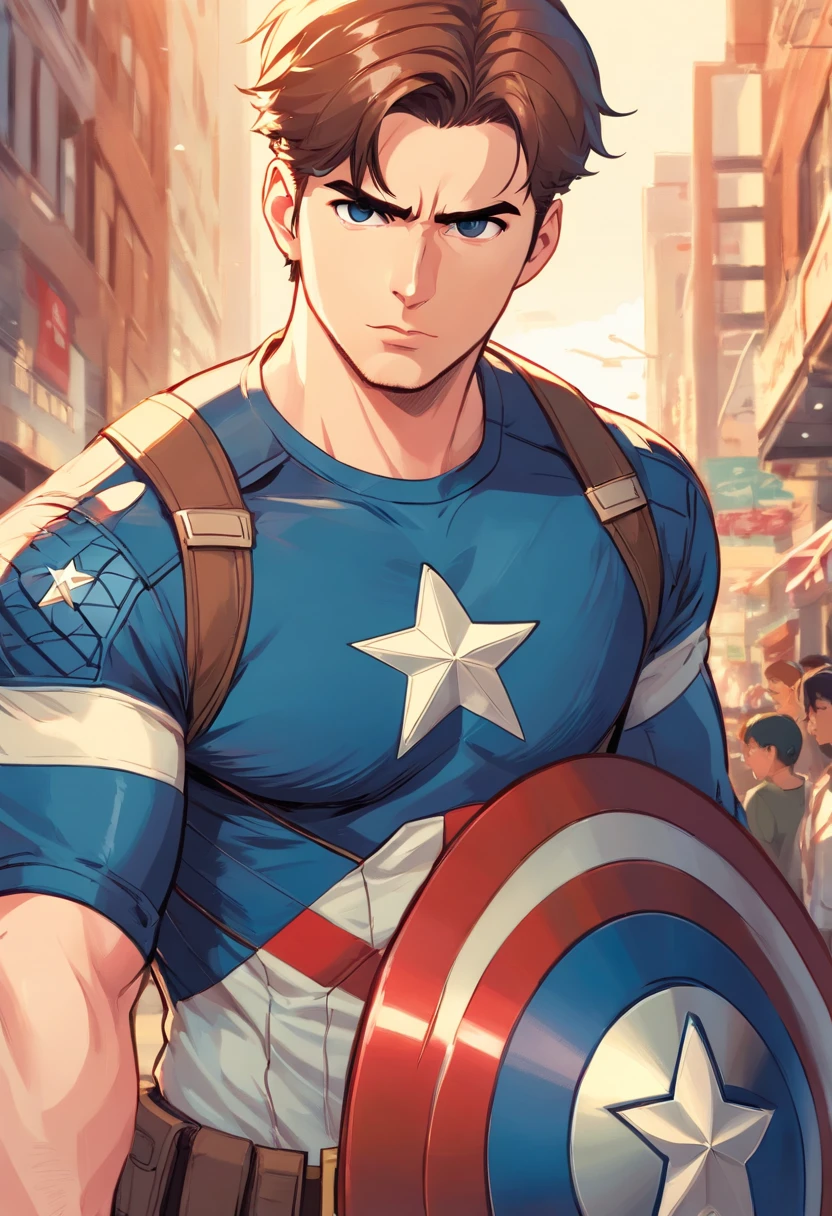 "A detailed illustration of Chris Evans as Captain America wearing a t-shirt, Olhando para o horizonte."