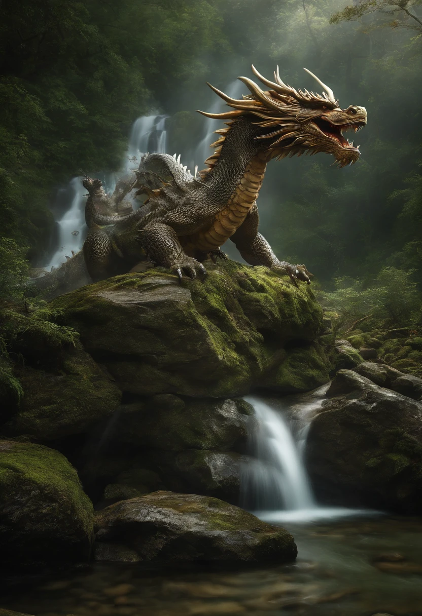 Asian-style blue dragon flying around a mysterious waterfall、The blue dragon's body is long and wavy like a large snake, And a jewel is held in his right hand.、He roars with magnificent horns and a beard on his head.、Child boy who is friend of the dragon [objeto Objeto], (detailed facial features:1.3), (Foto RAW, 16 mil, masutepiece, best quality: 1.2), (Ultrarrealismo, Realismo ultradenso e complexo: 1.3), (Ampla profundidade de campo, Radiation Mapping, ray tracing, raios de deus: 1.2), high dynamic range, Vivid, Detalhes ricos, Sombras e realces claros, Realistic, formidable, aumento do contraste, Dragon Friend Boy Hugging White Dragon in a Mysterious Waterfall、