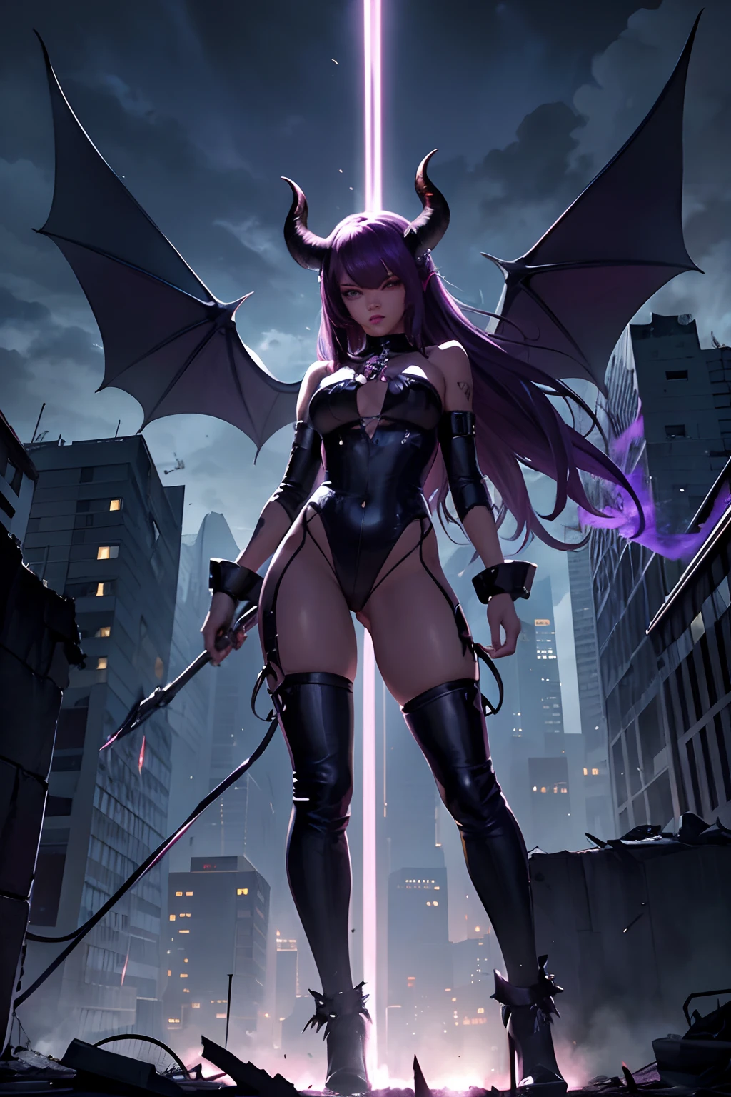 Rihanna hyper-giant, Hyper-powerful demon with two demon horns on his head and demon wings, Purple lightning fire on a building and shatters buildings , ville en ruine post apocalyptique,