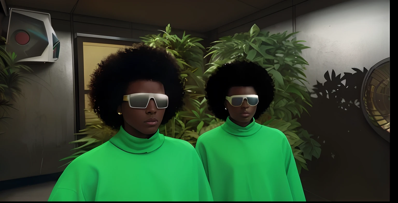 there are  gangster boy twins, afro - futurist style, afro futuristic, green shades, green robes, afro futurism, daft punk style, stoner eyes, hyper realistic, super detailed, cinematic