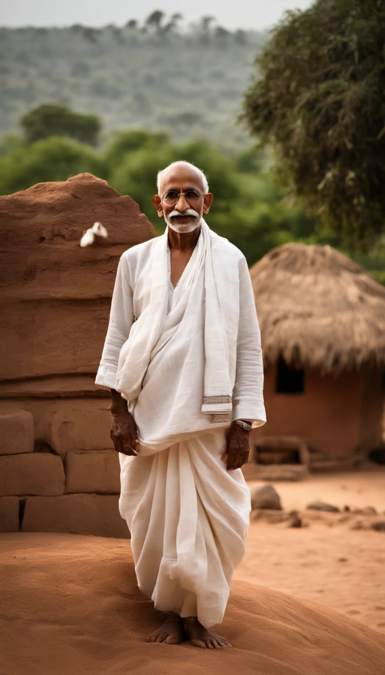 Imagine uma imagem que capture um momento atemporal com Mahatma Gandhi. He must be dressed in his iconic white khadi cloth, with round glasses perched on his nose and a soft smile adorning his lips. Her frail posture, mas firme, deve irradiar calma e sabedoria. Flanking him on either side are two young girls, por volta dos 8 aos 10 anos. A girl should have her hair braided with ribbons, Wearing a simple cotton dress, enquanto a outra garota usa uma kurta indiana tradicional, seus cabelos amarrados em um rabo de cavalo. Both girls should look at Gandhi with admiration and confidence, Your expressions, um misto de curiosidade e respeito;. The setting is a sunlit courtyard, With the soft glow of the afternoon sun casting for a long time, Sombras douradas. In the background, Hints of an Indian Village Can Be Seen - Mud Houses, A Banyan Tree, And maybe kids playing with a spinning top. Para adicionar profundidade, incorporar elementos sutis como o charkha (roda de fiar) descansando ao lado de Gandhi, And birds soaring on the distant horizon. Toda a cena deve evocar sentimentos de nostalgia, Hope, e a simplicidade de outros tempos, Ultra foto realsisim