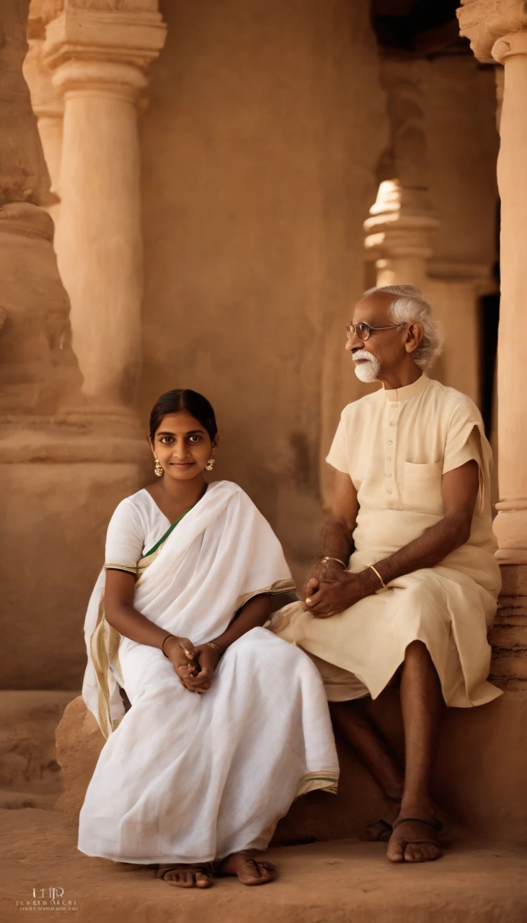 Imagine uma imagem que capture um momento atemporal com Mahatma Gandhi. He must be dressed in his iconic white khadi cloth, with round glasses perched on his nose and a soft smile adorning his lips. Her frail posture, mas firme, deve irradiar calma e sabedoria. Flanking him on either side are two young girls, por volta dos 8 aos 10 anos. A girl should have her hair braided with ribbons, Wearing a simple cotton dress, enquanto a outra garota usa uma kurta indiana tradicional, seus cabelos amarrados em um rabo de cavalo. Both girls should look at Gandhi with admiration and confidence, Your expressions, um misto de curiosidade e respeito;. The setting is a sunlit courtyard, With the soft glow of the afternoon sun casting for a long time, Sombras douradas. In the background, Hints of an Indian Village Can Be Seen - Mud Houses, A Banyan Tree, And maybe kids playing with a spinning top. Para adicionar profundidade, incorporar elementos sutis como o charkha (roda de fiar) descansando ao lado de Gandhi, And birds soaring on the distant horizon. Toda a cena deve evocar sentimentos de nostalgia, Hope, e a simplicidade de outros tempos, Ultra foto realsisim
