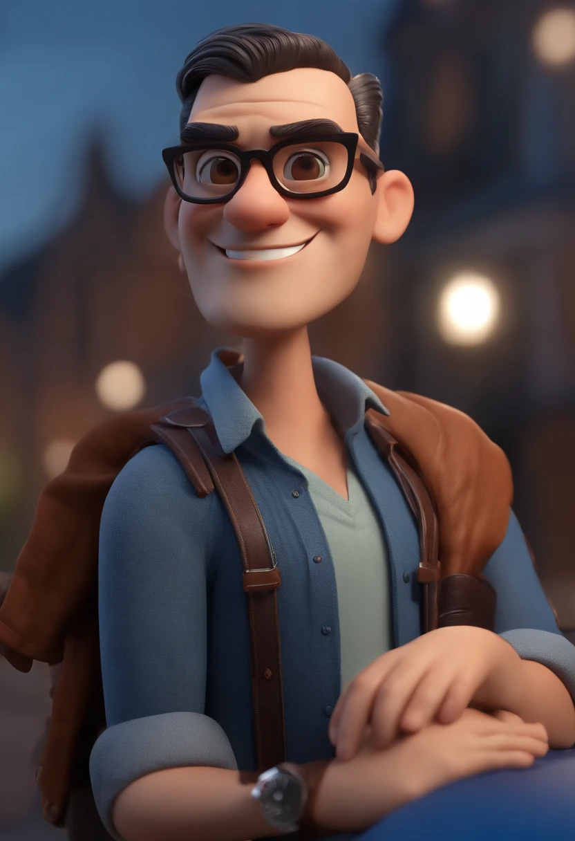 Cartoon character of a man with black glasses, cabelo cacheado marrom escuro e uma camisa azul, animation character, Caractere estilizado, animation style rendering, 3D estilizado, Arnold Maya render, 3 d render stylized, toon render keyshot, Personagem 3D, Personagem 3D, 3d rendering stylized, 3 d character render, personagem de desenho animado, Personagem de close up, Pose de personagem, (Estilo Pixar) (master part:1.2) (Bokeh) (best quality) (pele detalhada) (textura detalhada) (8k) (argila) (Cinematic lighting) (foco nítido