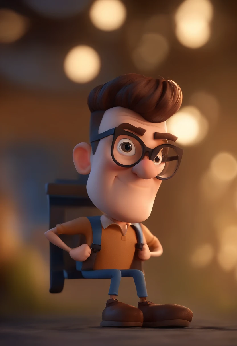 Cartoon character of a man with black glasses, cabelo cacheado marrom escuro e uma camisa azul, animation character, Caractere estilizado, animation style rendering, 3D estilizado, Arnold Maya render, 3 d render stylized, toon render keyshot, Personagem 3D, Personagem 3D, 3d rendering stylized, 3 d character render, personagem de desenho animado, Personagem de close up, Pose de personagem,  (Estilo Pixar) (master part:1.2) (Bokeh) (best quality) (pele detalhada) (textura detalhada) (8k) (argila) (Cinematic lighting) (foco nítido