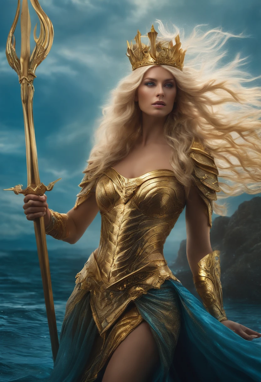 Warrior queen of the mermaids, blonde with golden armor, trident crown and hair in the wind, controlling the water around her